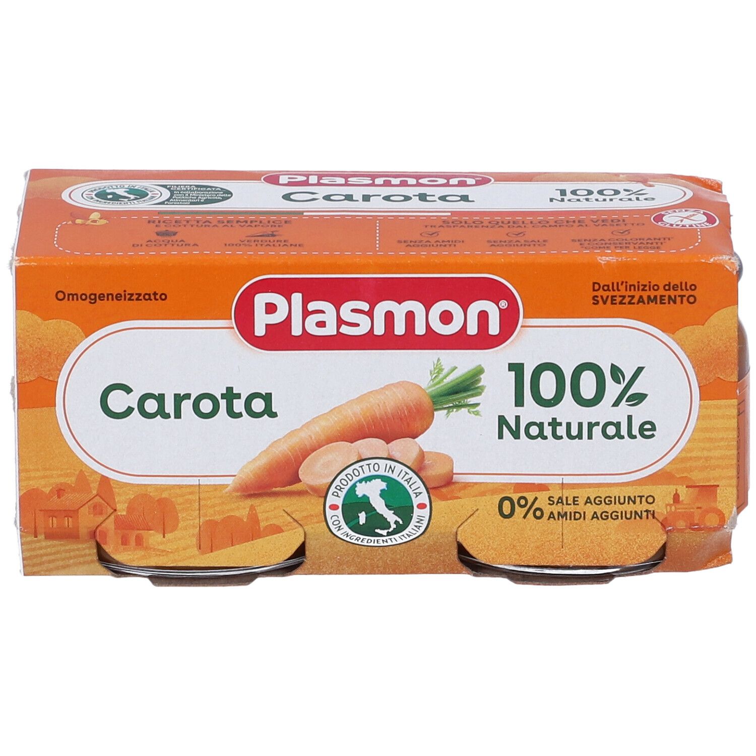 Confezione con due vasetti di omogeneizzato di carote. Marchio Plasmon, scritta "Carota", "100% Naturale".