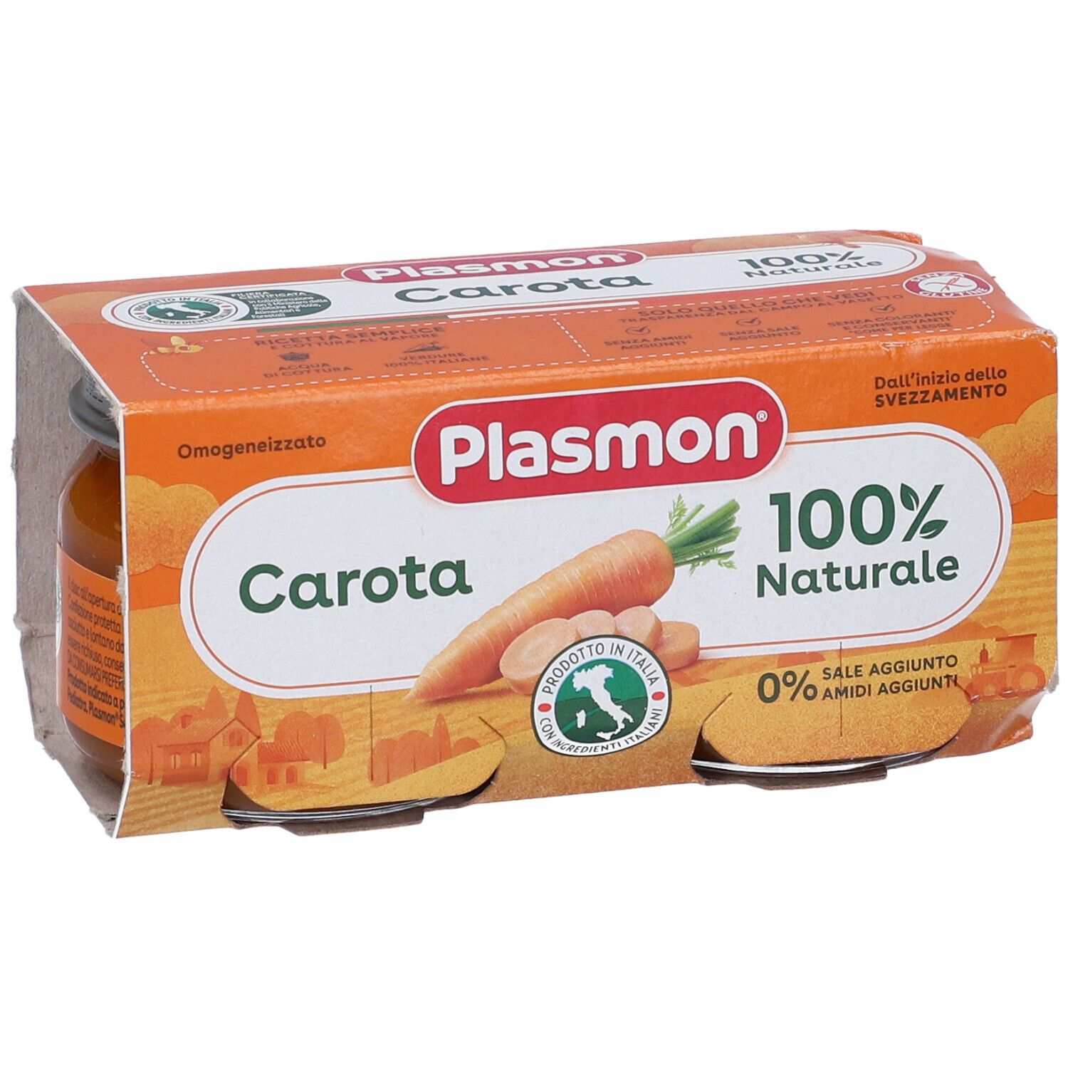 Confezione con un vasetto di omogeneizzato di carote. Marchio Plasmon, scritta "Carota", "100% Naturale".