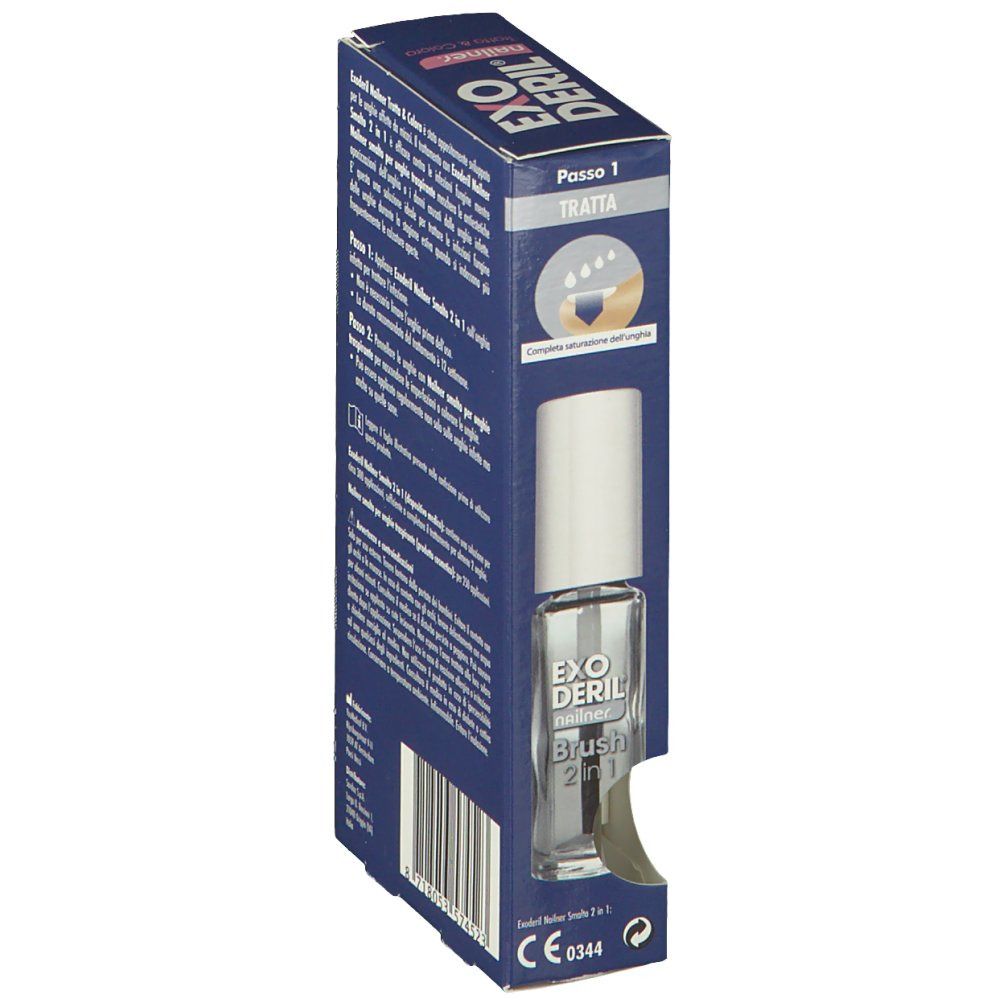 Flacone e confezione del prodotto. Scritta: Exoderil Nailner Brush 2 in 1. Flacone trasparente con tappo bianco. Confezione blu.