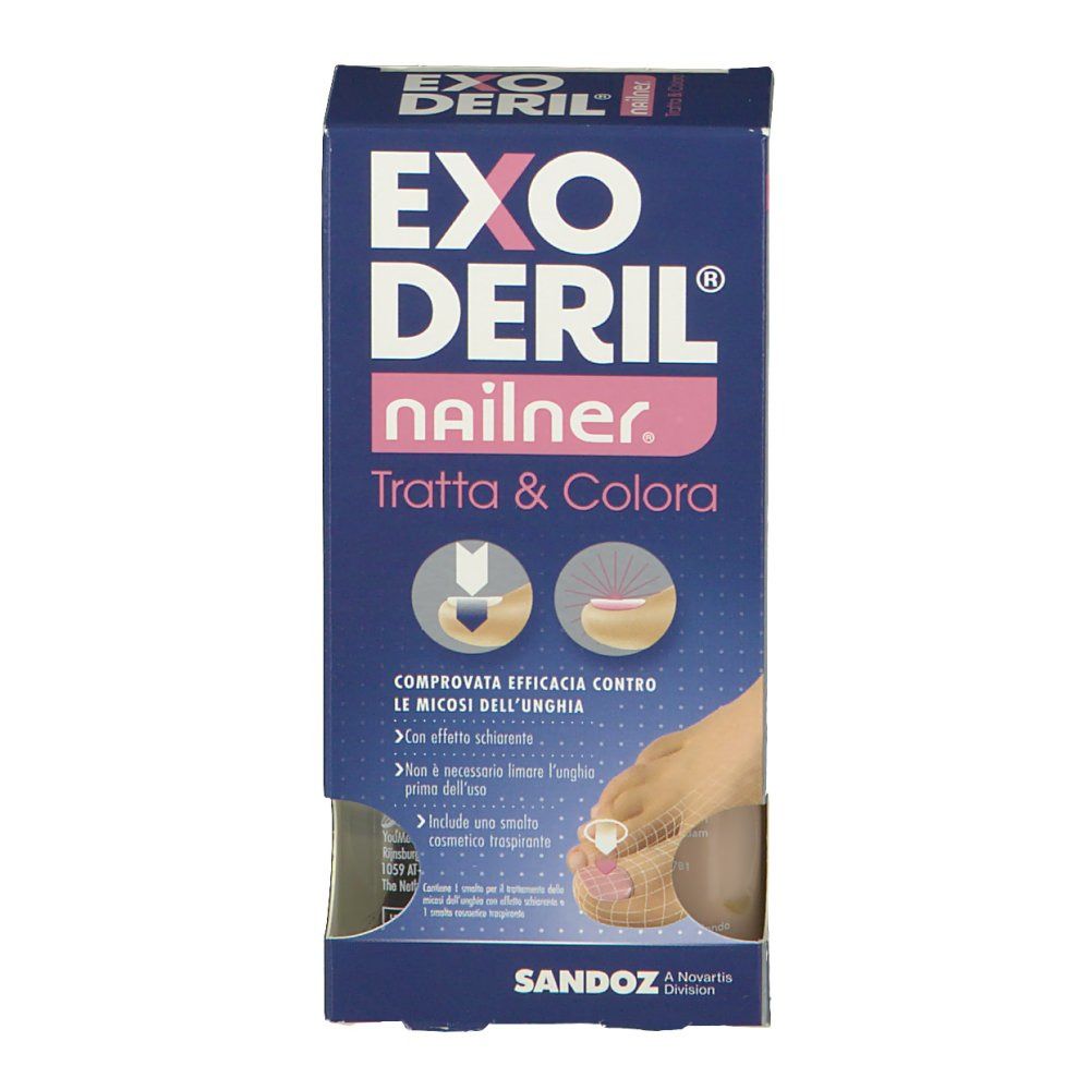 Confezione del prodotto. Scritta: Exoderil Nailner Tratta & Colora. Illustrazioni di piedi. Confezione blu con accenti rosa e nome del prodotto.