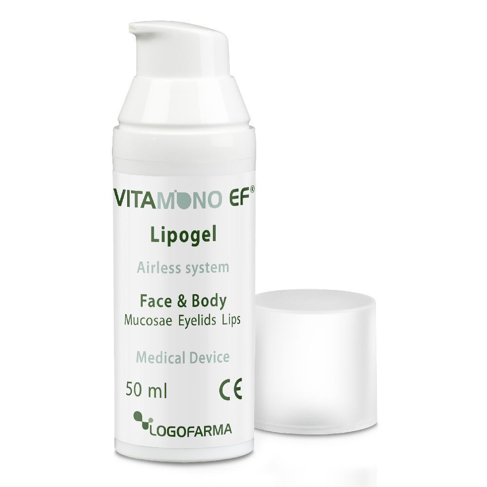 Flacone di Lipogel bianco con scritta Vitamono EF, Lipogel, Face & Body, 50 ml, marchio CE. Tappo accanto.
