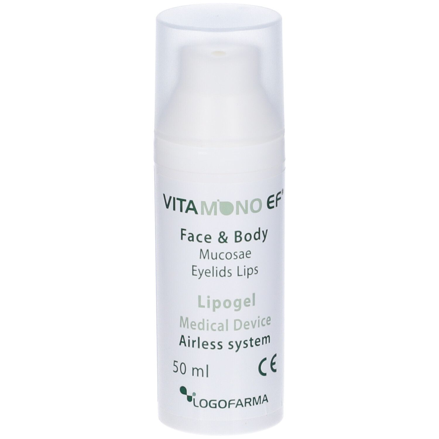 Flacone di Lipogel bianco con scritta Vitamono EF, Lipogel, Face & Body, 50 ml, marchio CE. Tappo trasparente.