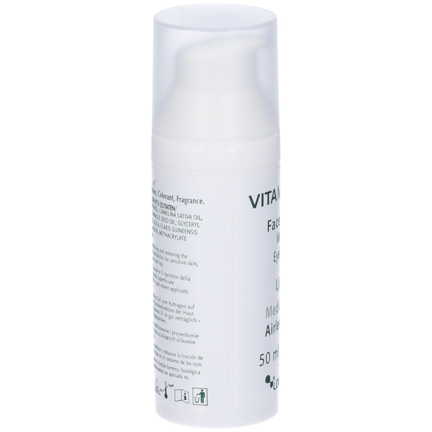 Flacone di Lipogel bianco con scritta Vitamono EF, Lipogel, Face & Body, 50 ml, marchio CE. Retro con testo.