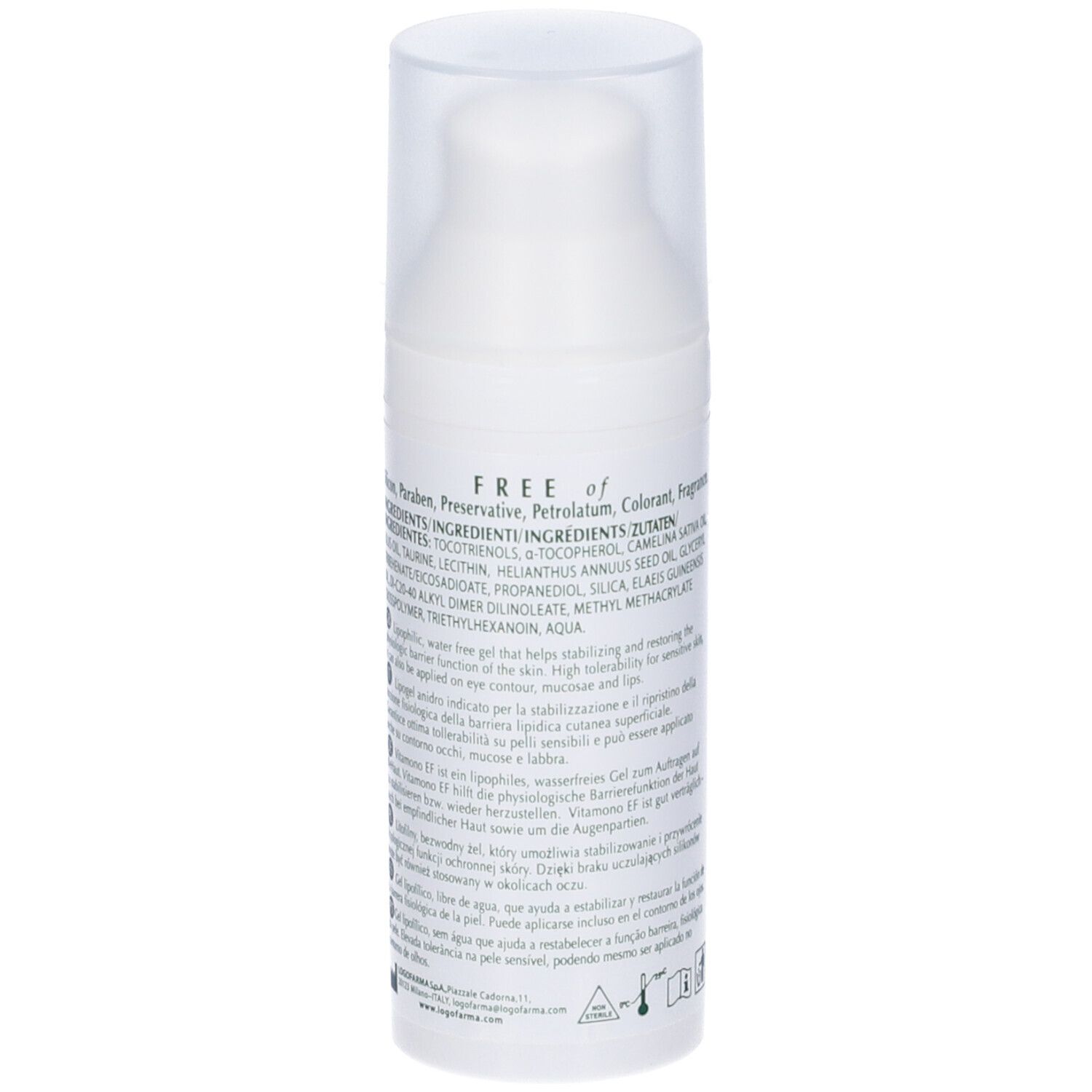 Flacone di Lipogel bianco con scritta Vitamono EF, Lipogel, Face & Body, 50 ml, marchio CE. Retro con testo.