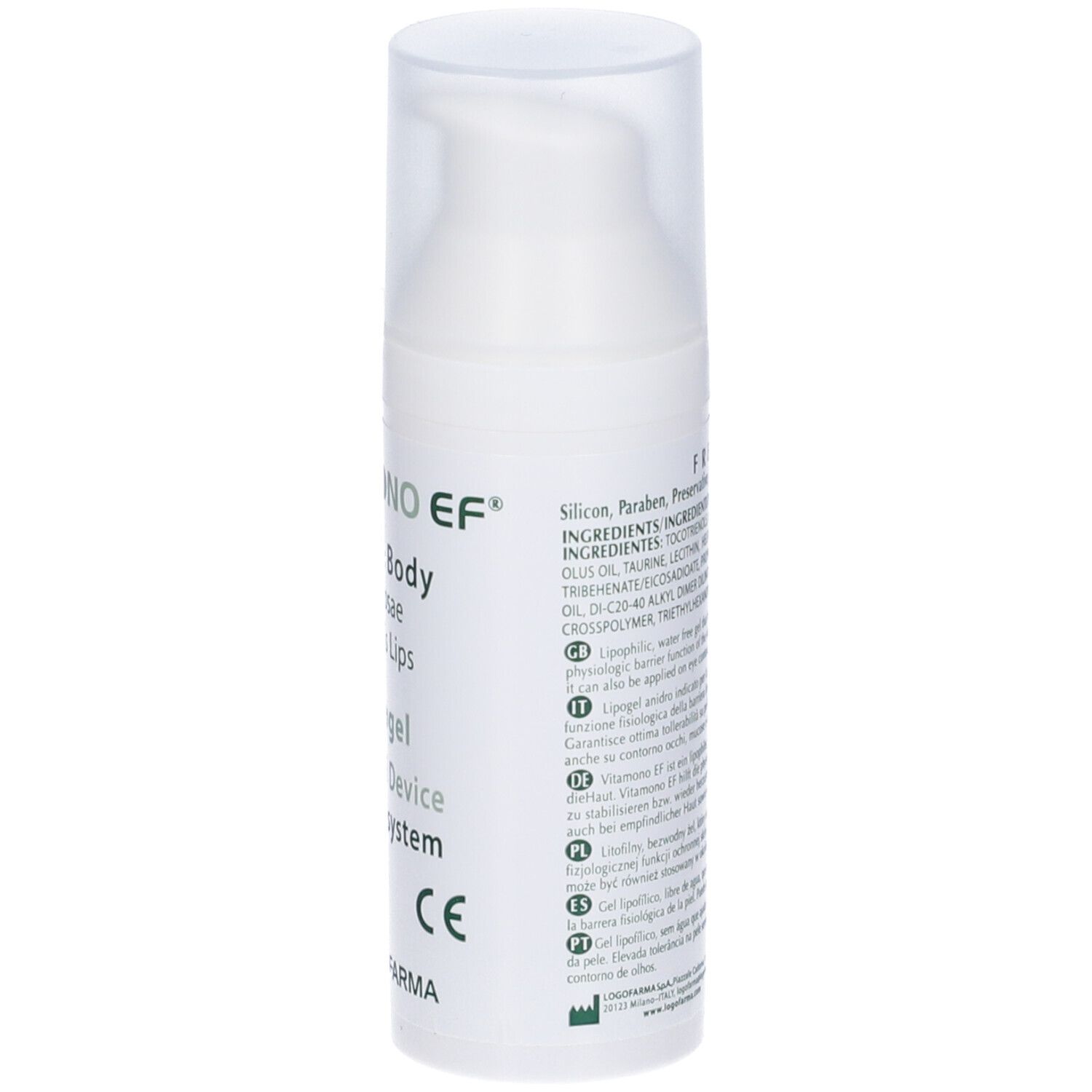 Flacone di Lipogel bianco con scritta Vitamono EF, Lipogel, Face & Body, 50 ml, marchio CE. Retro con testo.