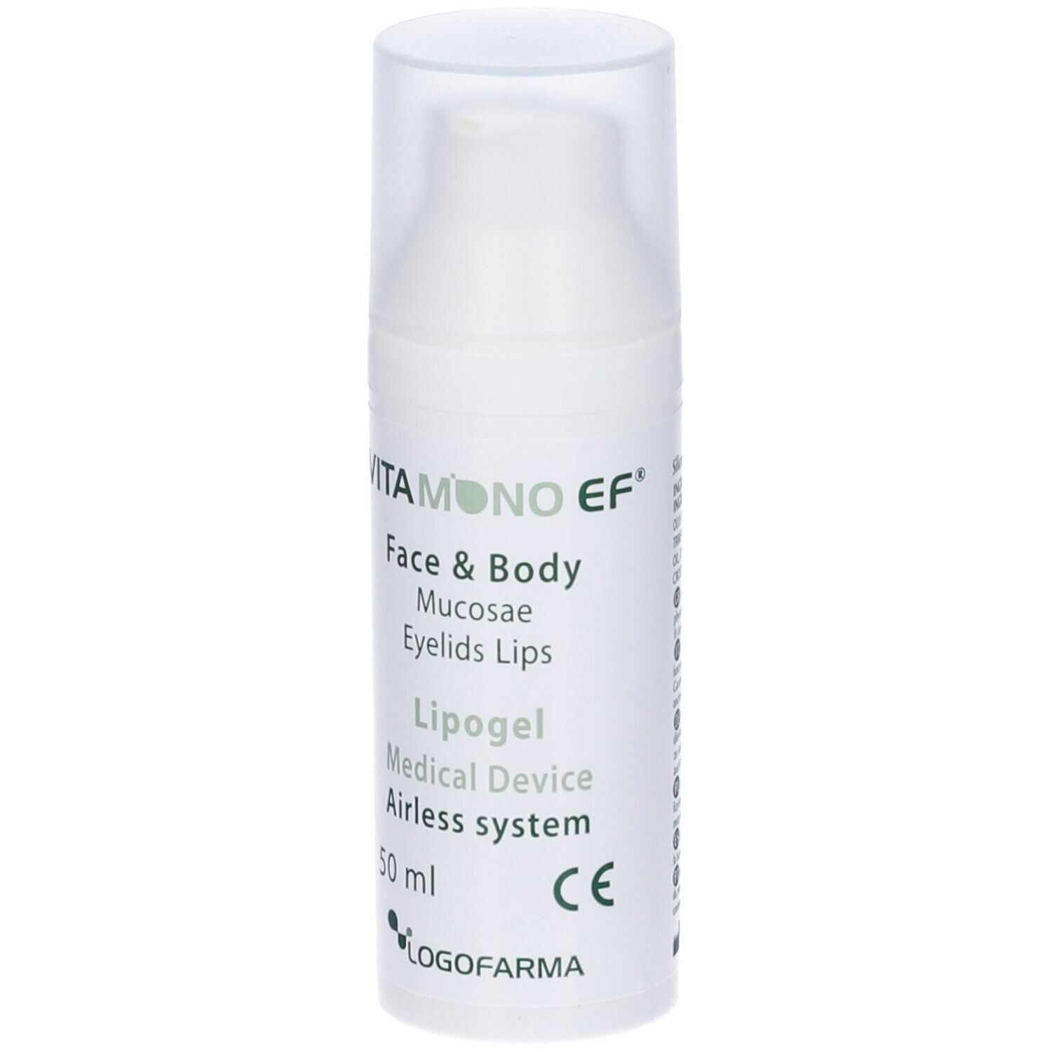 Flacone di Lipogel bianco con scritta Vitamono EF, Lipogel, Face & Body, 50 ml, marchio CE. Retro con testo.