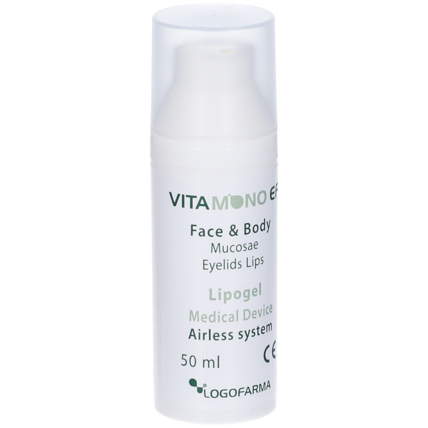 Flacone di Lipogel bianco con scritta Vitamono EF, Lipogel, Face & Body, 50 ml, marchio CE. Retro con testo.