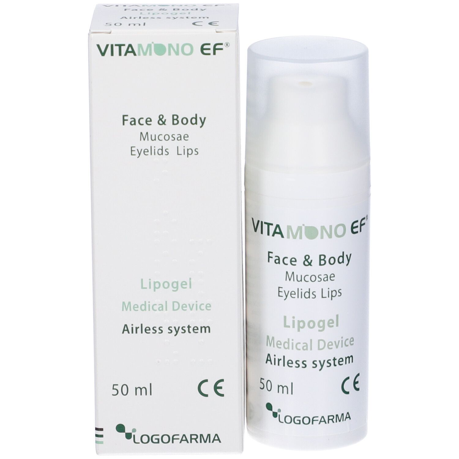 Flacone e confezione Vitamono EF Lipogel. Scritta: Face & Body, Mucosae, Eyelids, Lips, 50 ml, marchio CE.