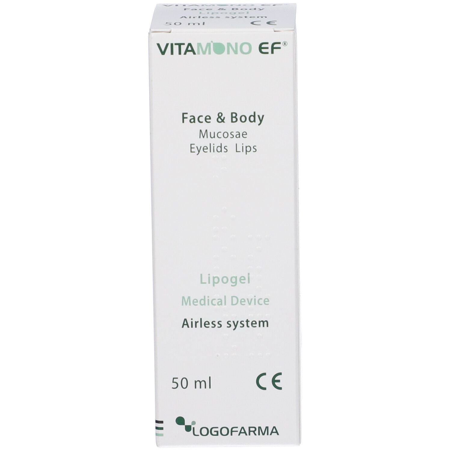 Confezione Vitamono EF Lipogel. Scritta: Face & Body, Mucosae, Eyelids, Lips, 50 ml, marchio CE.