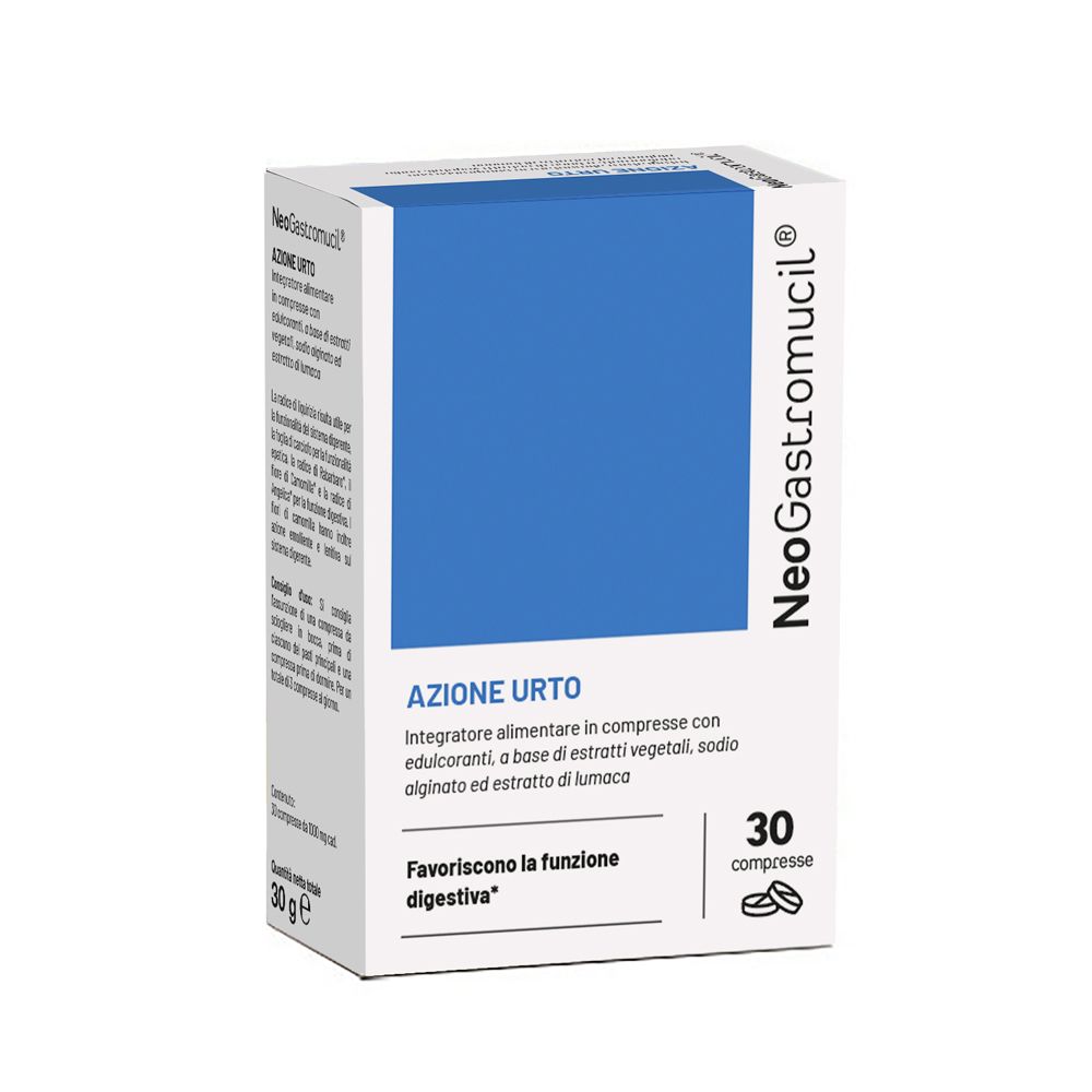 Scatola di NeoGastromucil® Compresse. Area blu, testo: Azione Urto, 30 compresse. Favorisce la digestione.
