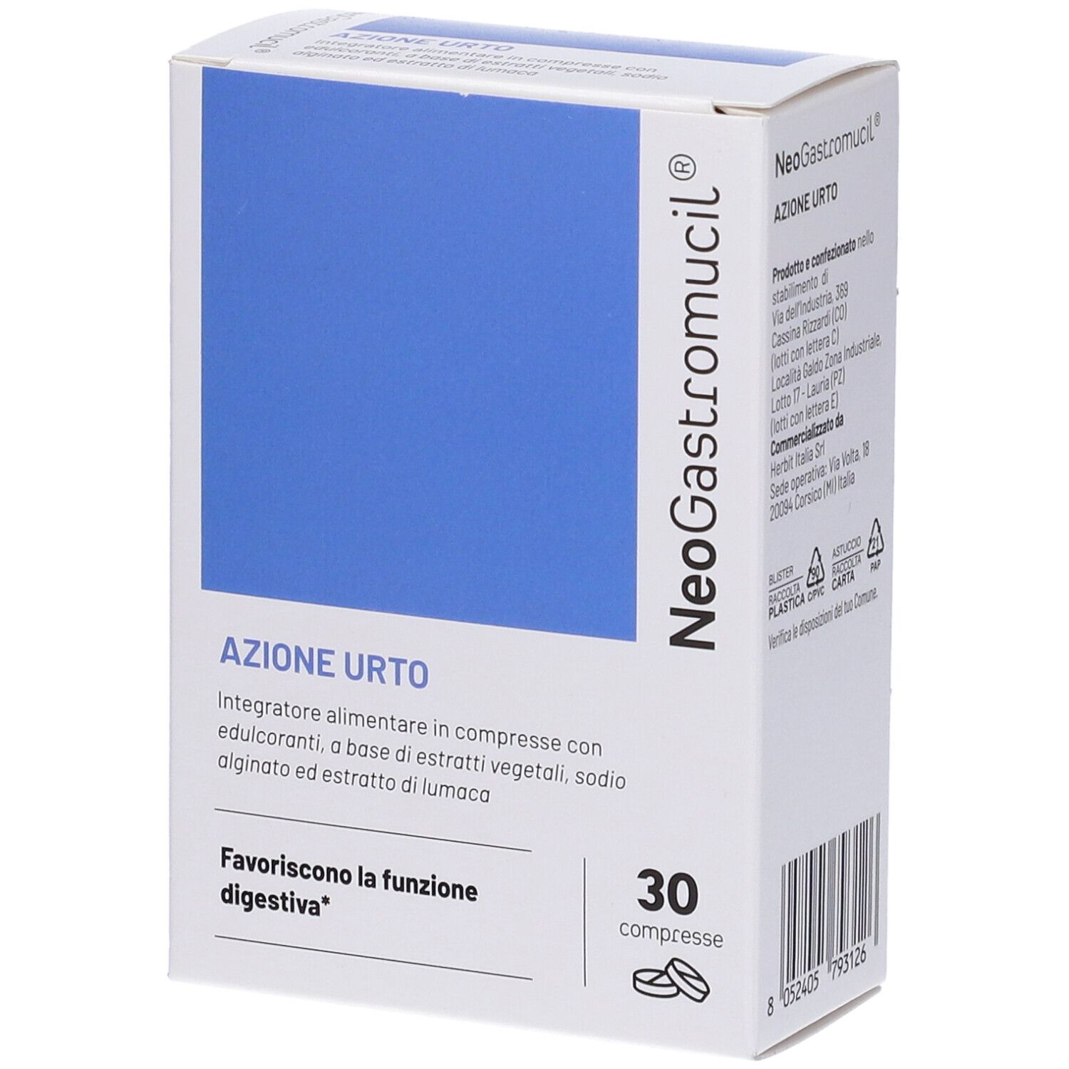 Scatola NeoGastromucil® Compresse. Area blu, testo: Azione Urto, 30 compresse. Nome del prodotto e logo.