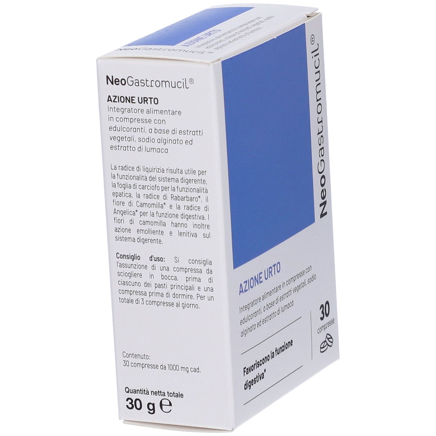 Scatola NeoGastromucil® Compresse. Testo: Azione Urto, 30 compresse. Informazioni sul prodotto e logo.