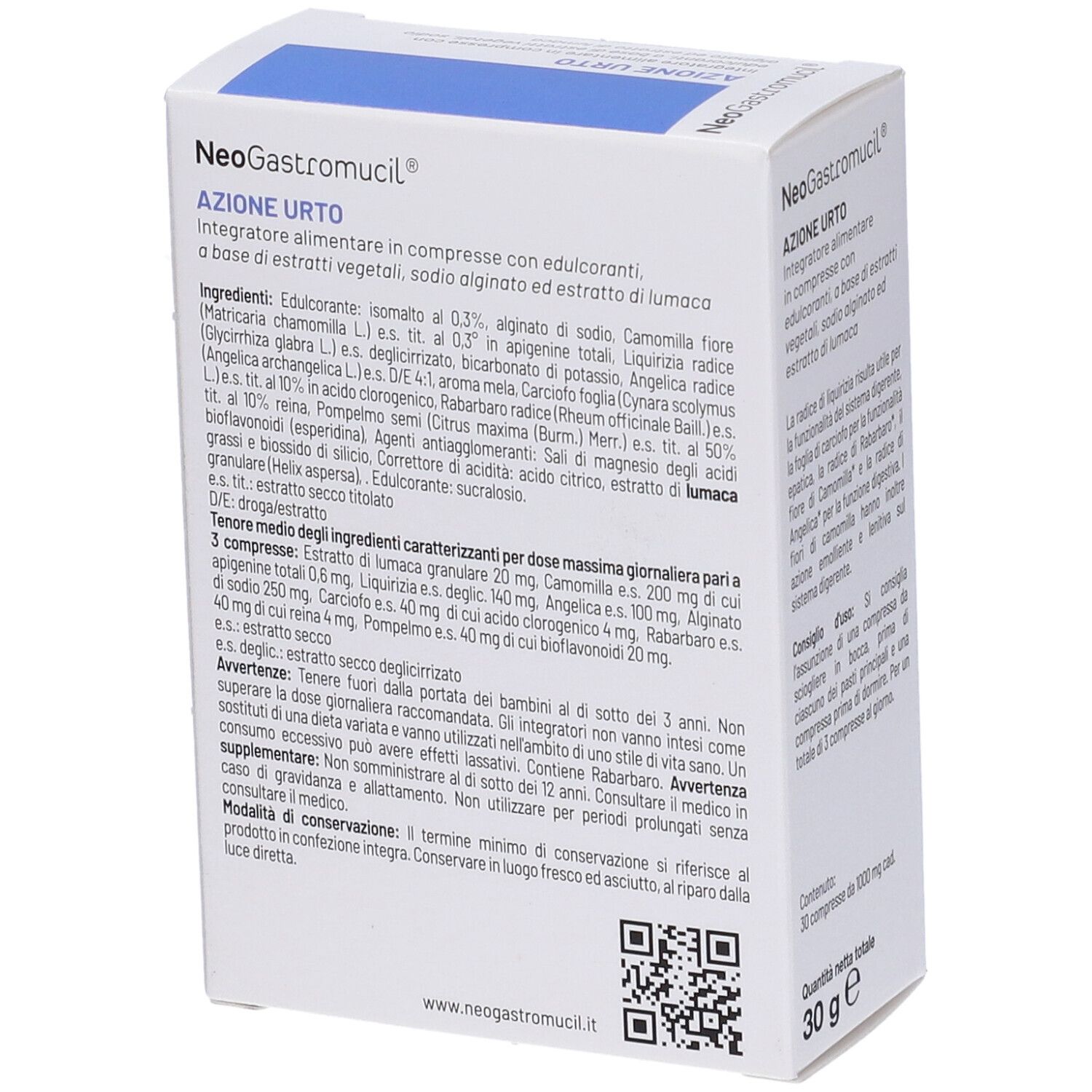 Scatola NeoGastromucil® Compresse. Testo: Azione Urto, 30 compresse. Ingredienti e logo.