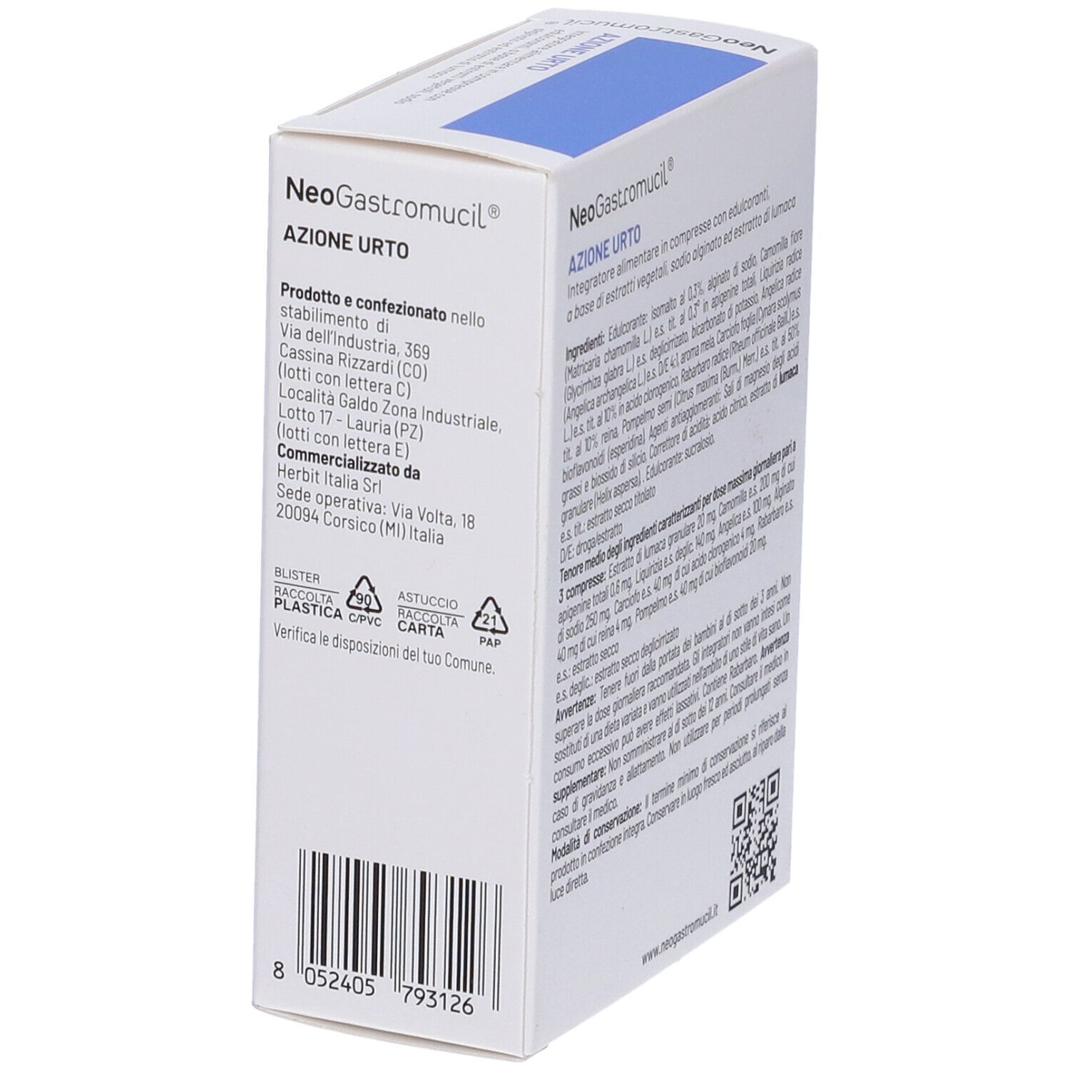 Scatola NeoGastromucil® Compresse. Testo: Azione Urto, 30 compresse. Indirizzo del produttore e logo.
