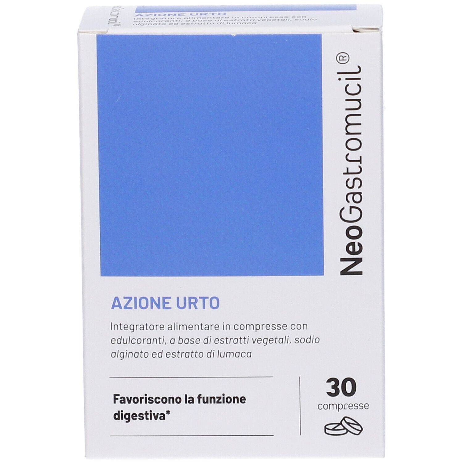 Scatola NeoGastromucil® Compresse. Area blu, testo: Azione Urto, 30 compresse. Nome del prodotto e logo.