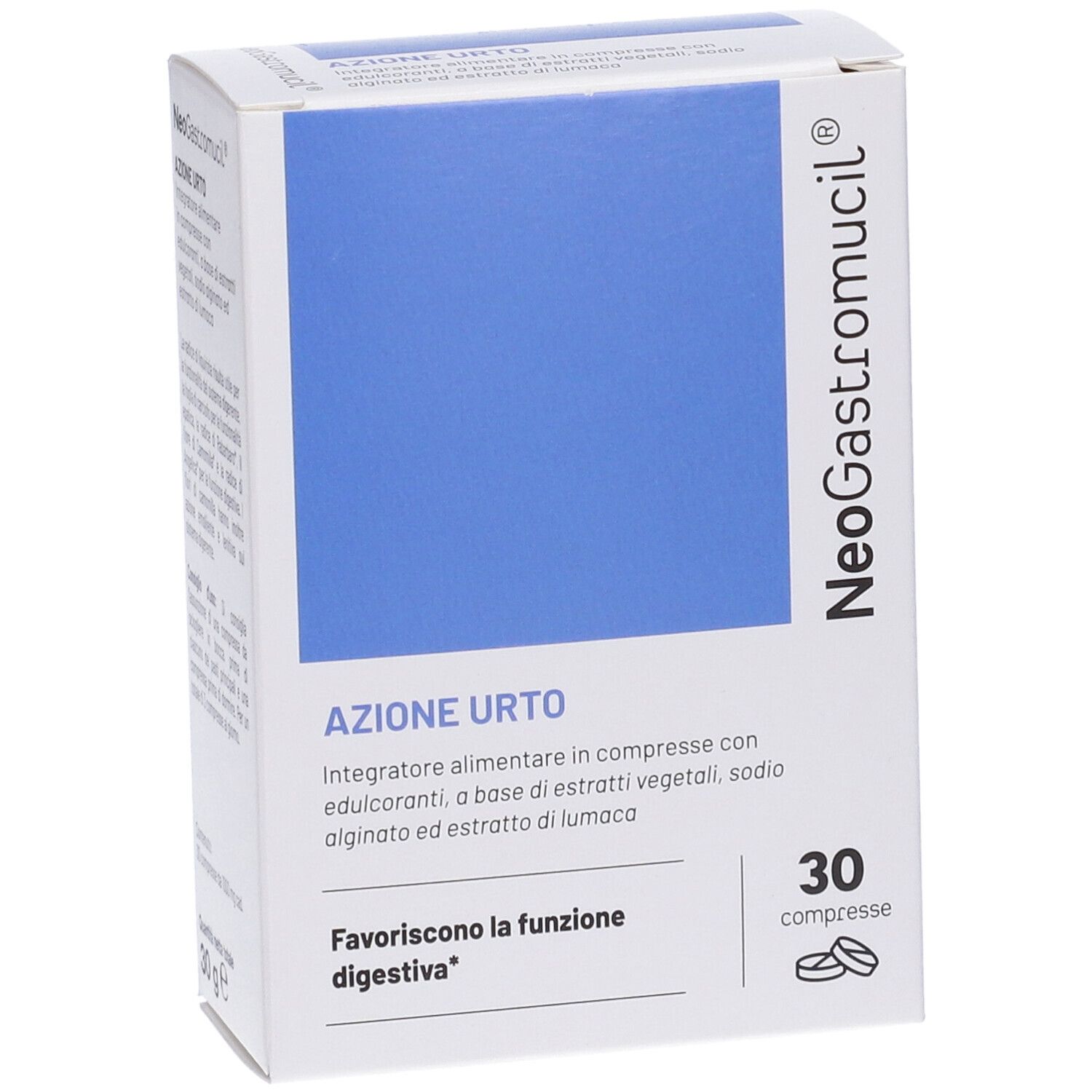 Scatola NeoGastromucil® Compresse. Area blu, testo: Azione Urto, 30 compresse. Nome del prodotto e logo.