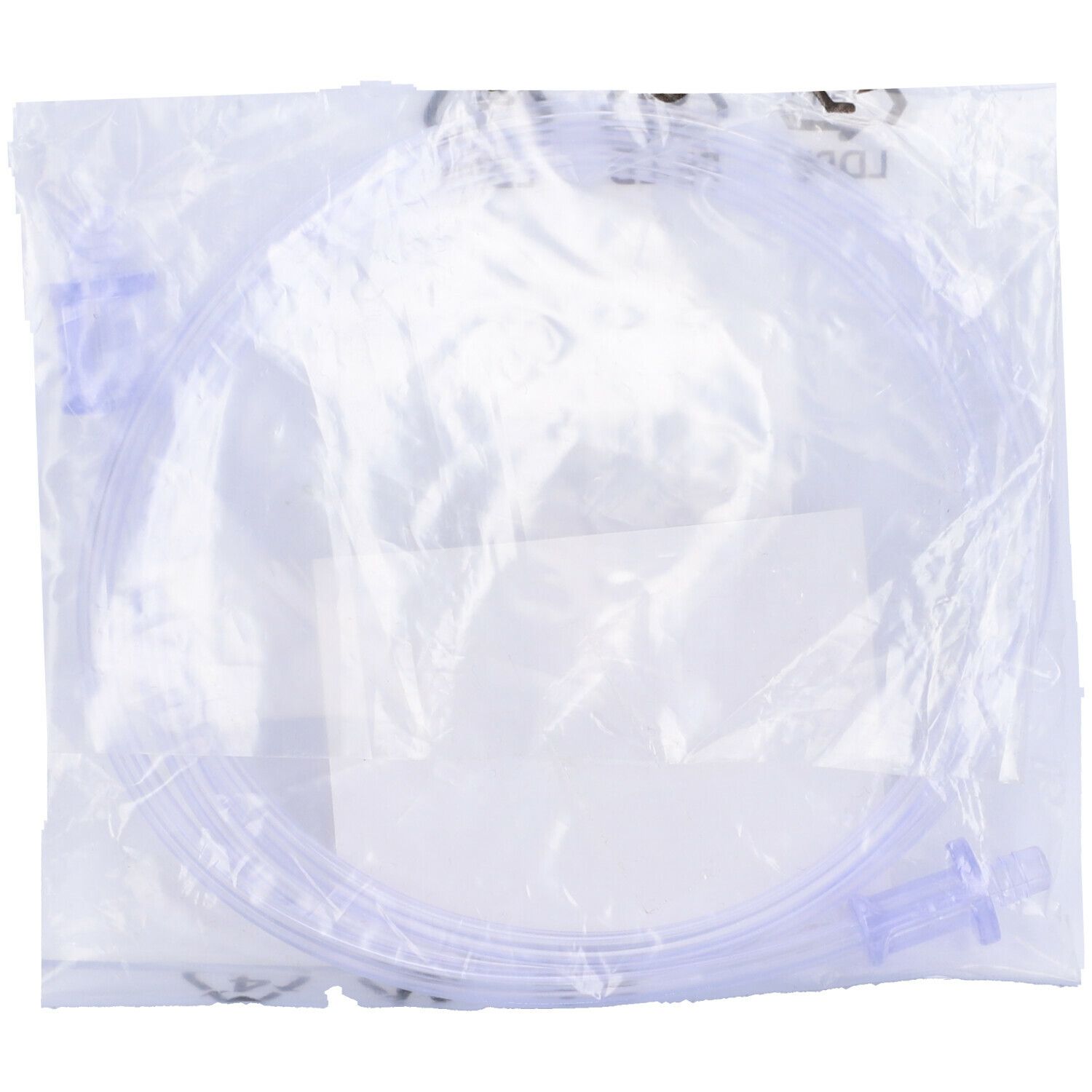 Tubo trasparente in confezione di plastica. Connettori e parte del tubo visibili.