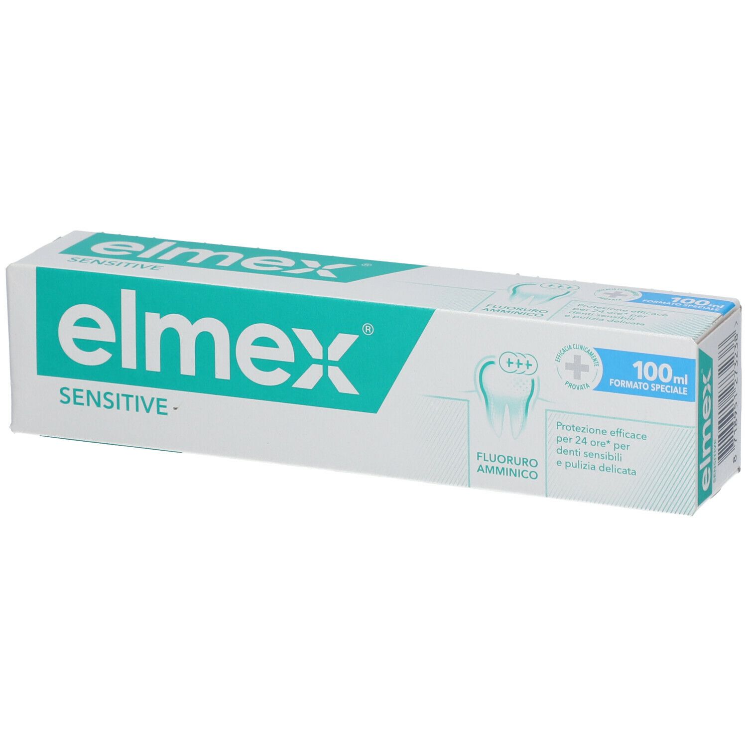 Confezione di dentifricio. Bianco e verde. Scritta: Elmex Sensitive. 100ml. Con fluoruro amminico.