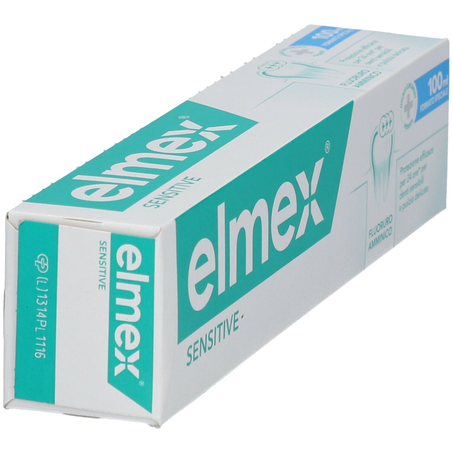 Confezione di dentifricio. Bianco e verde. Scritta: Elmex Sensitive. 100ml. Con fluoruro amminico.