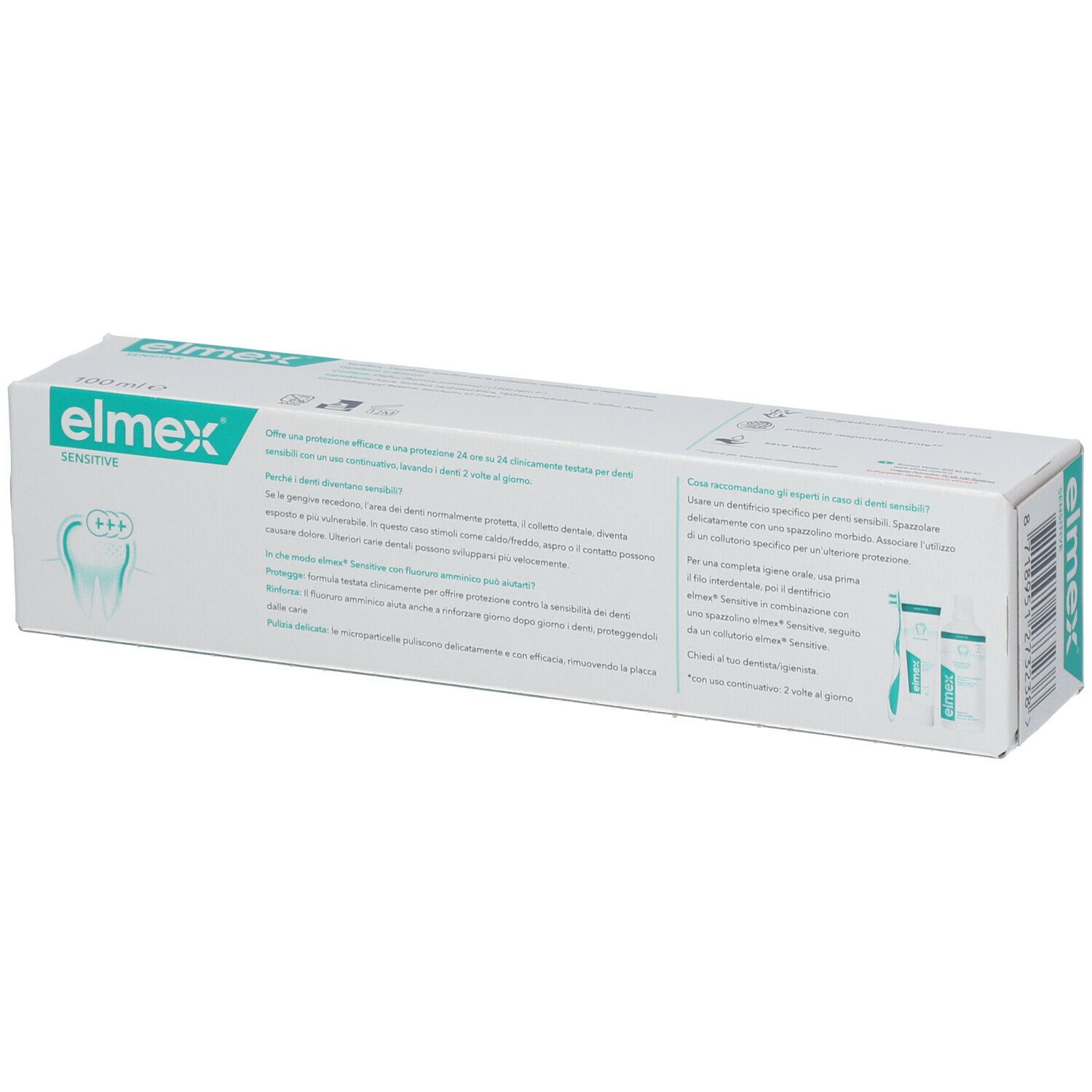 Confezione di dentifricio. Retro. Testo e immagine del prodotto.