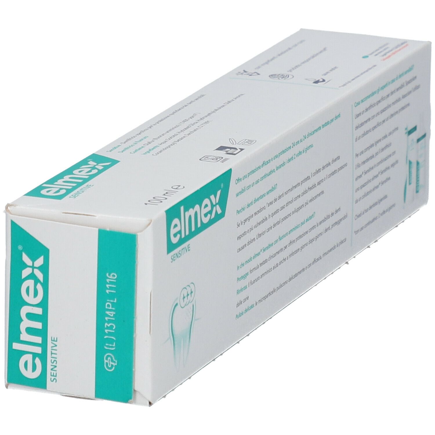 Confezione di dentifricio. Retro. Testo e immagine del prodotto.