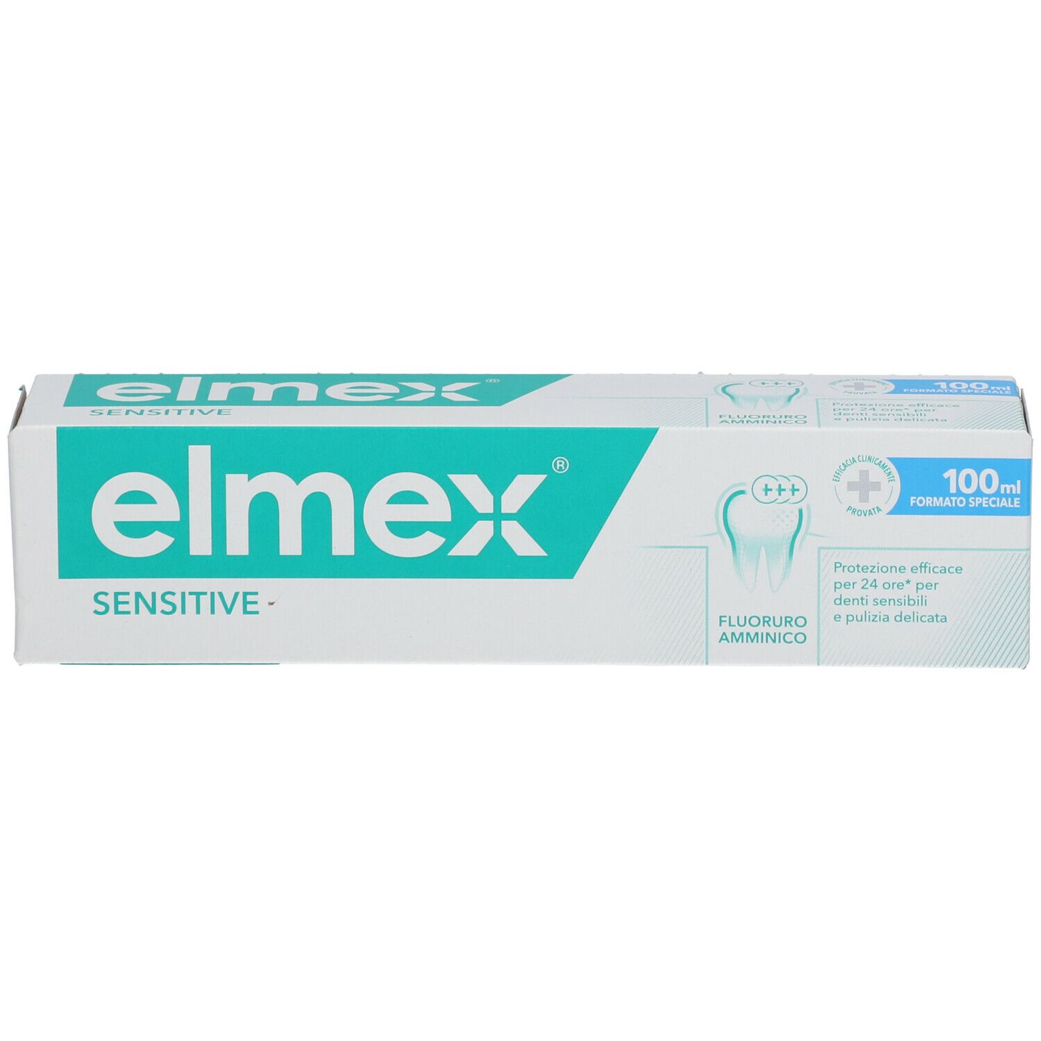 Confezione di dentifricio. Bianco e verde. Scritta: Elmex Sensitive. 100ml. Con fluoruro amminico.