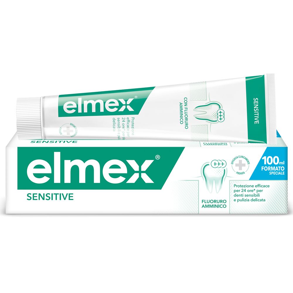 Tubo e confezione di dentifricio. Bianco e verde. Scritta: Elmex Sensitive. 100ml. Con fluoruro amminico.