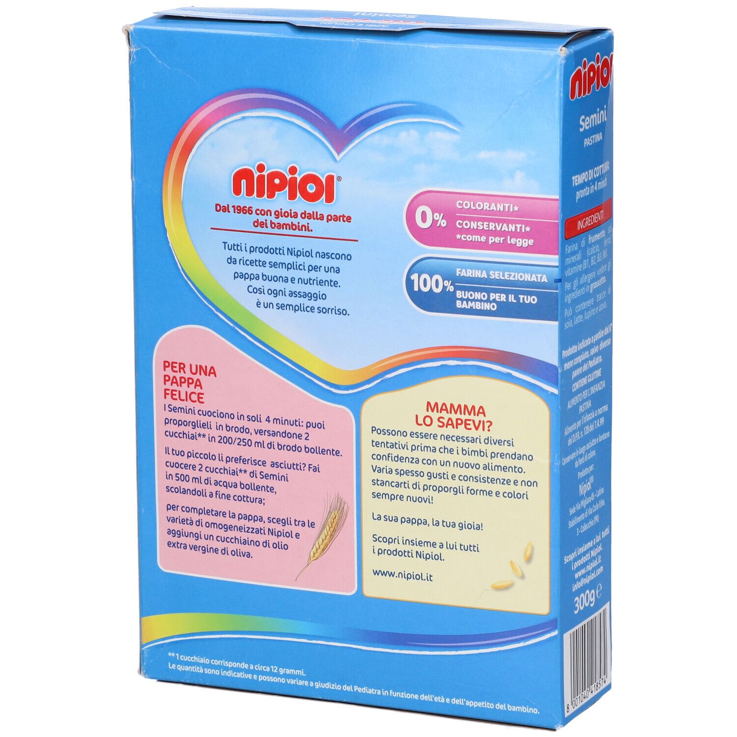 Retro della confezione blu. Sezioni di testo e loghi. Contiene Pastina Semini. Scritte: Nipiol, 300g.
