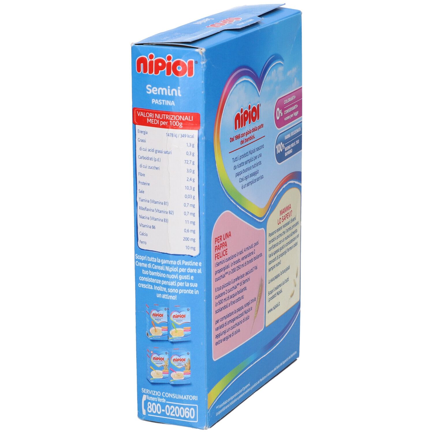 Vista laterale della confezione blu. Contiene Pastina Semini. Scritte: Nipiol, valori nutrizionali, 300g.