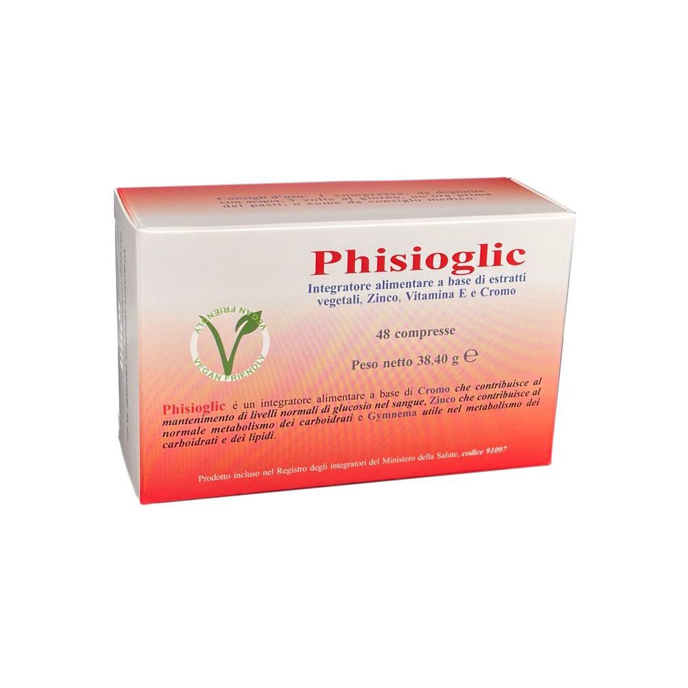 Scatola bianca e rossa. Scritta: Phisioglic, 48 compresse. Sigillo vegano. Testo in italiano.