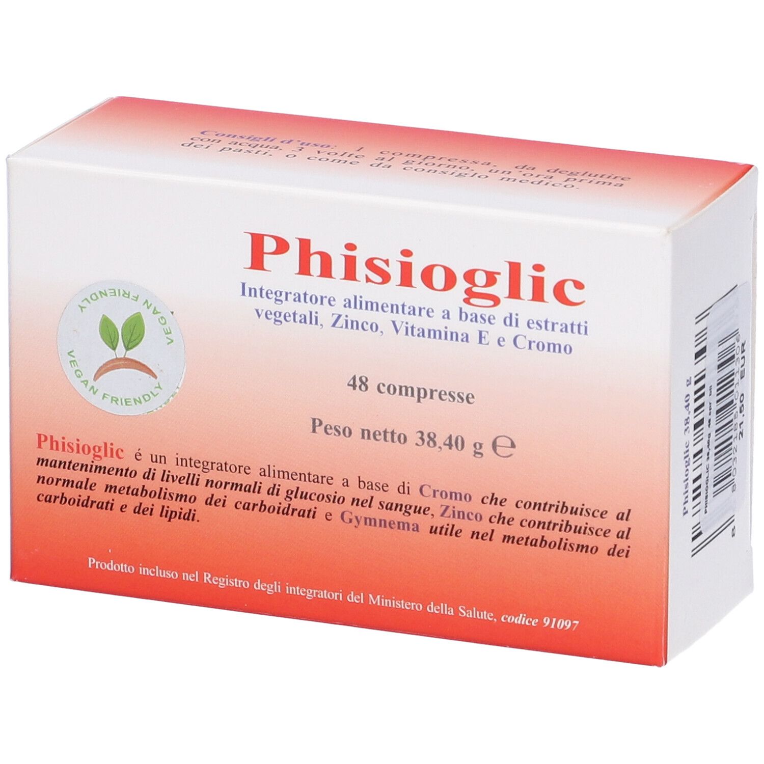 Scatola bianca e rossa. Scritta: Phisioglic, 48 compresse. Sigillo vegano. Testo in italiano.