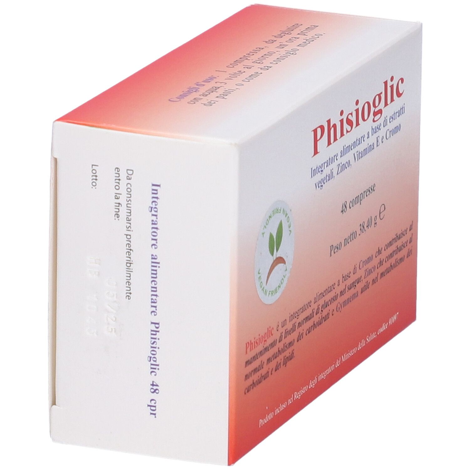 Scatola bianca e rossa. Scritta: Phisioglic, 48 compresse. Sigillo vegano. Testo in italiano.