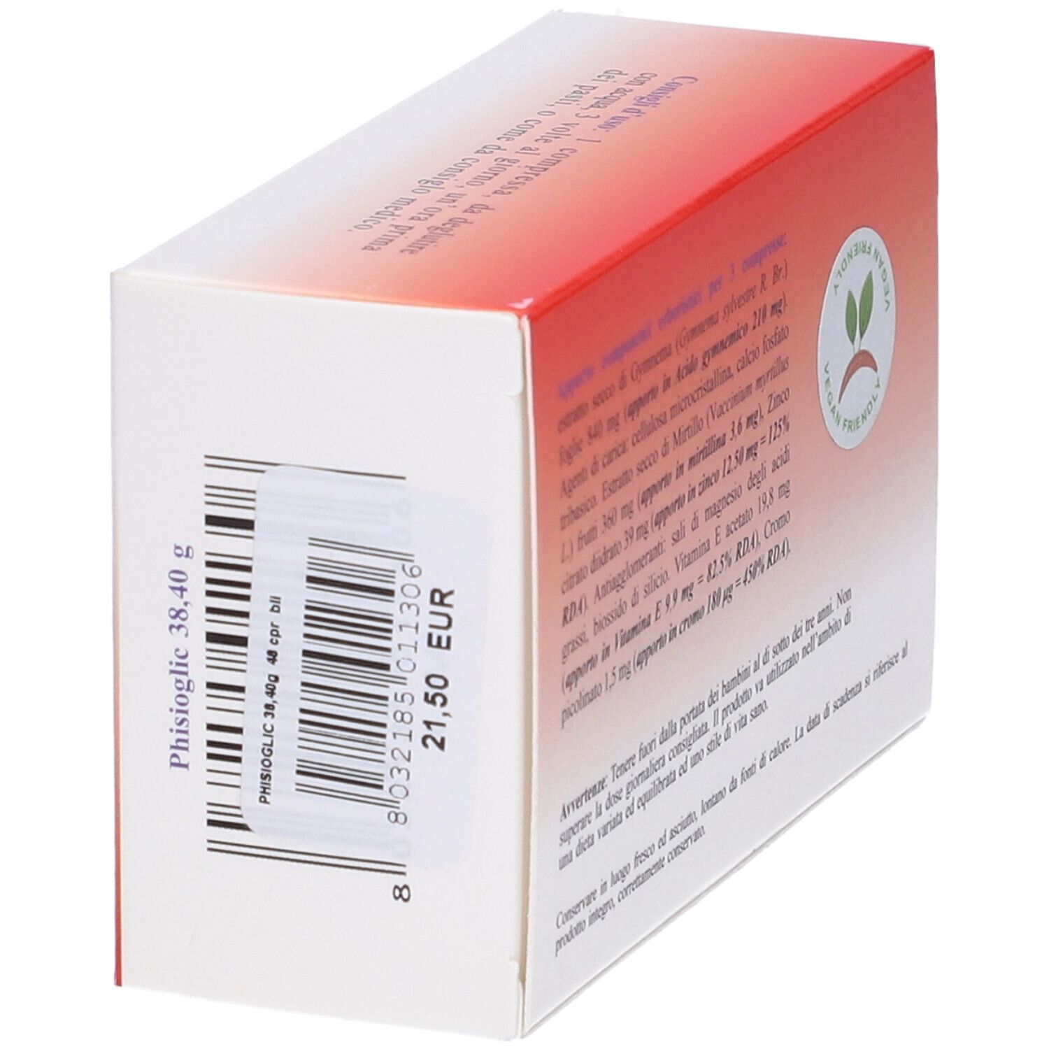 Scatola bianca e rossa. Scritta: Phisioglic, 48 compresse. Codice a barre e prezzo.