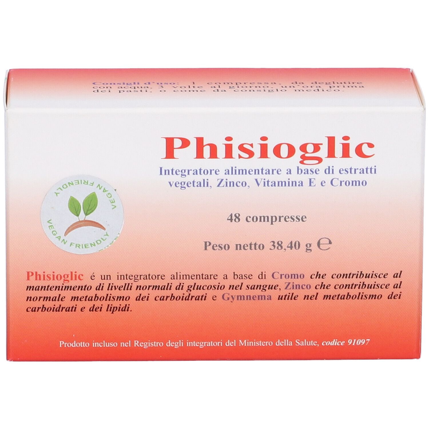 Scatola bianca e rossa. Scritta: Phisioglic, 48 compresse. Sigillo vegano. Testo in italiano.