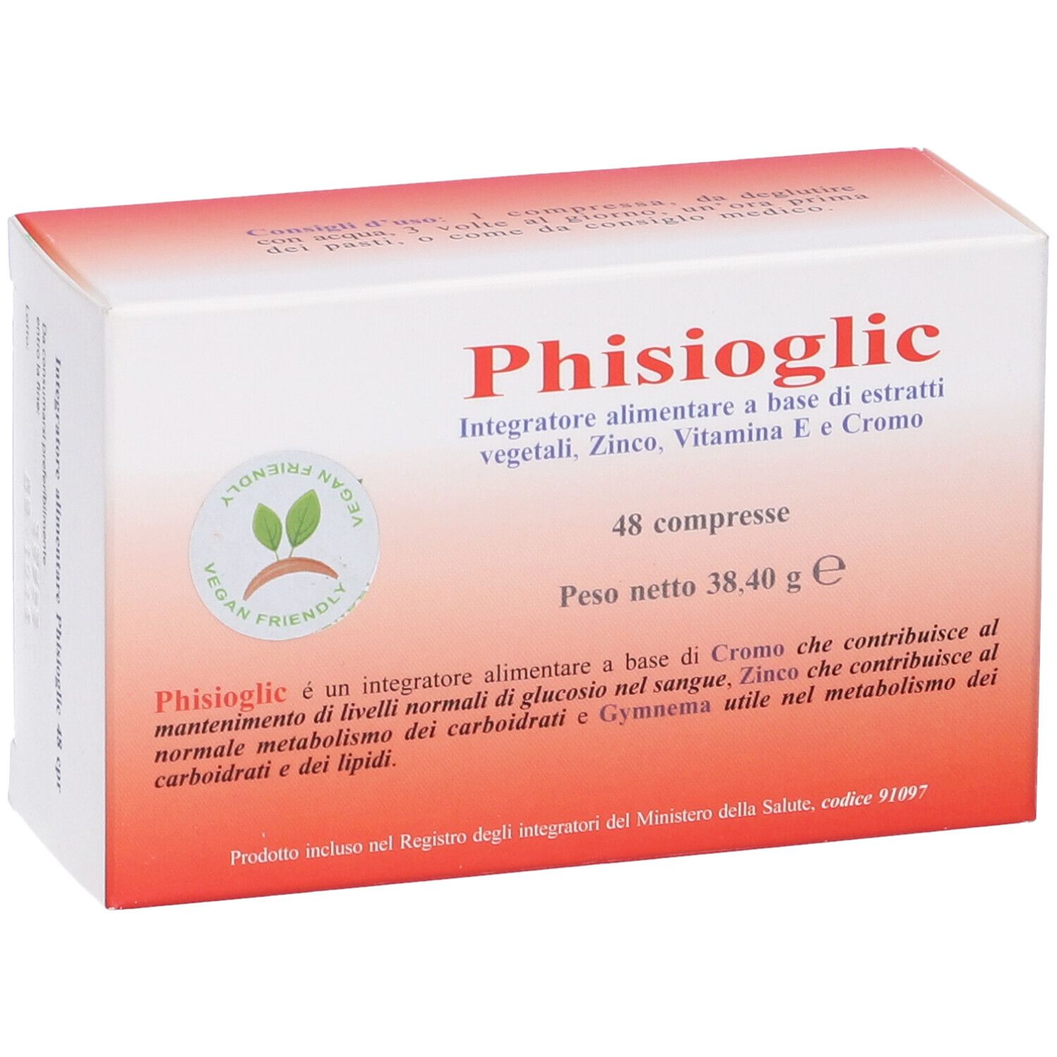 Scatola bianca e rossa. Scritta: Phisioglic, 48 compresse. Sigillo vegano. Testo in italiano.