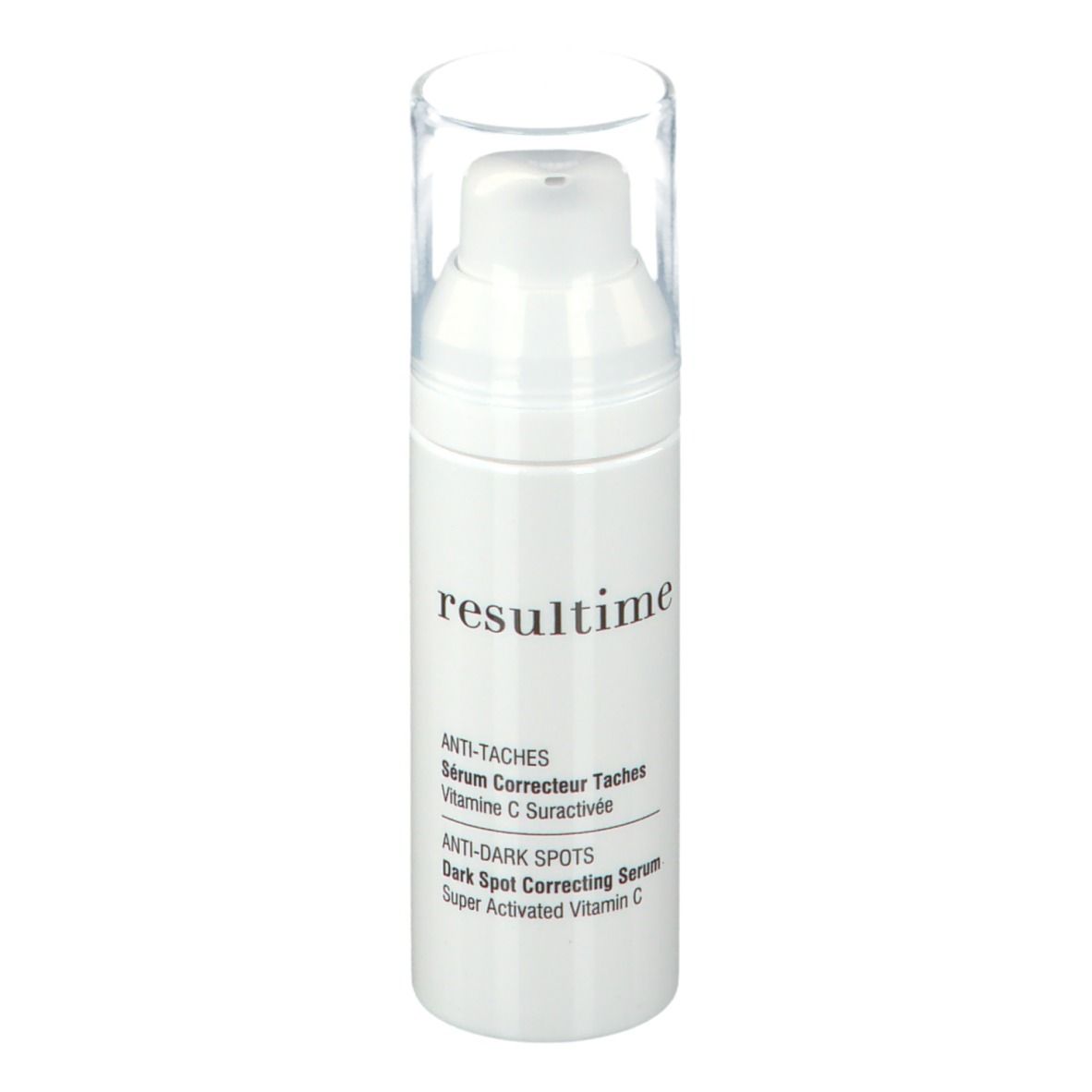 Weißer Serum-Flakon mit Pumpkopf und durchsichtiger Kappe. Beschriftung: Resultime Paris, Anti-Taches, Anti-Dark Spots.