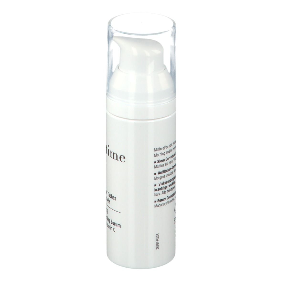 Weißer Serum-Flakon mit Pumpkopf und durchsichtiger Kappe. Beschriftung: Resultime Paris, Anti-Taches, Anti-Dark Spots.