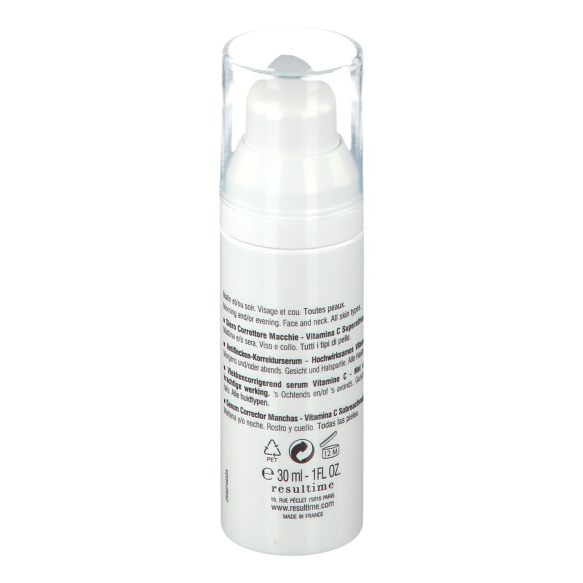 Weißer Serum-Flakon mit Pumpkopf und durchsichtiger Kappe. Beschriftung: Resultime Paris, Anti-Taches, Anti-Dark Spots.