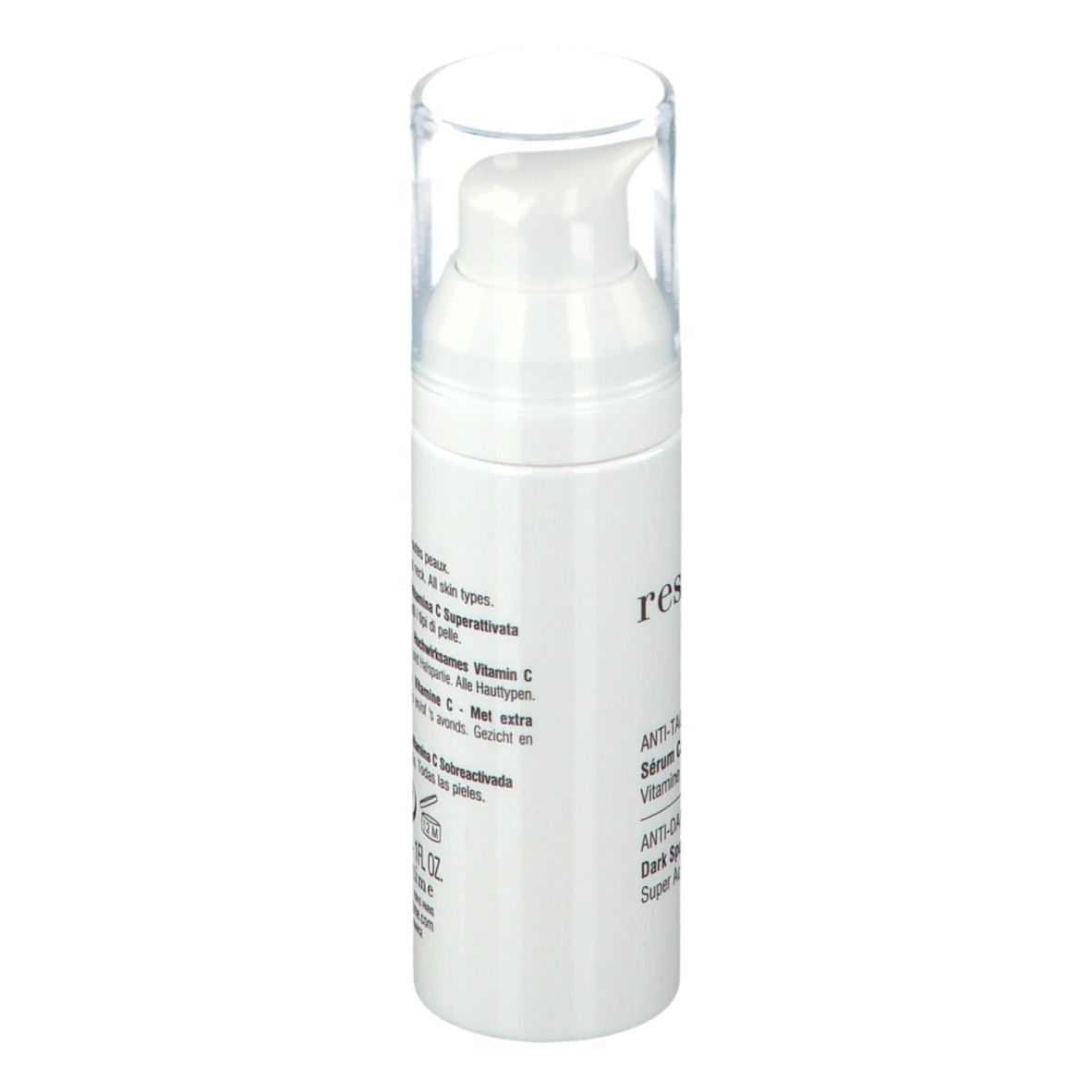 Weißer Serum-Flakon mit Pumpkopf und durchsichtiger Kappe. Beschriftung: Resultime Paris, Anti-Taches, Anti-Dark Spots.