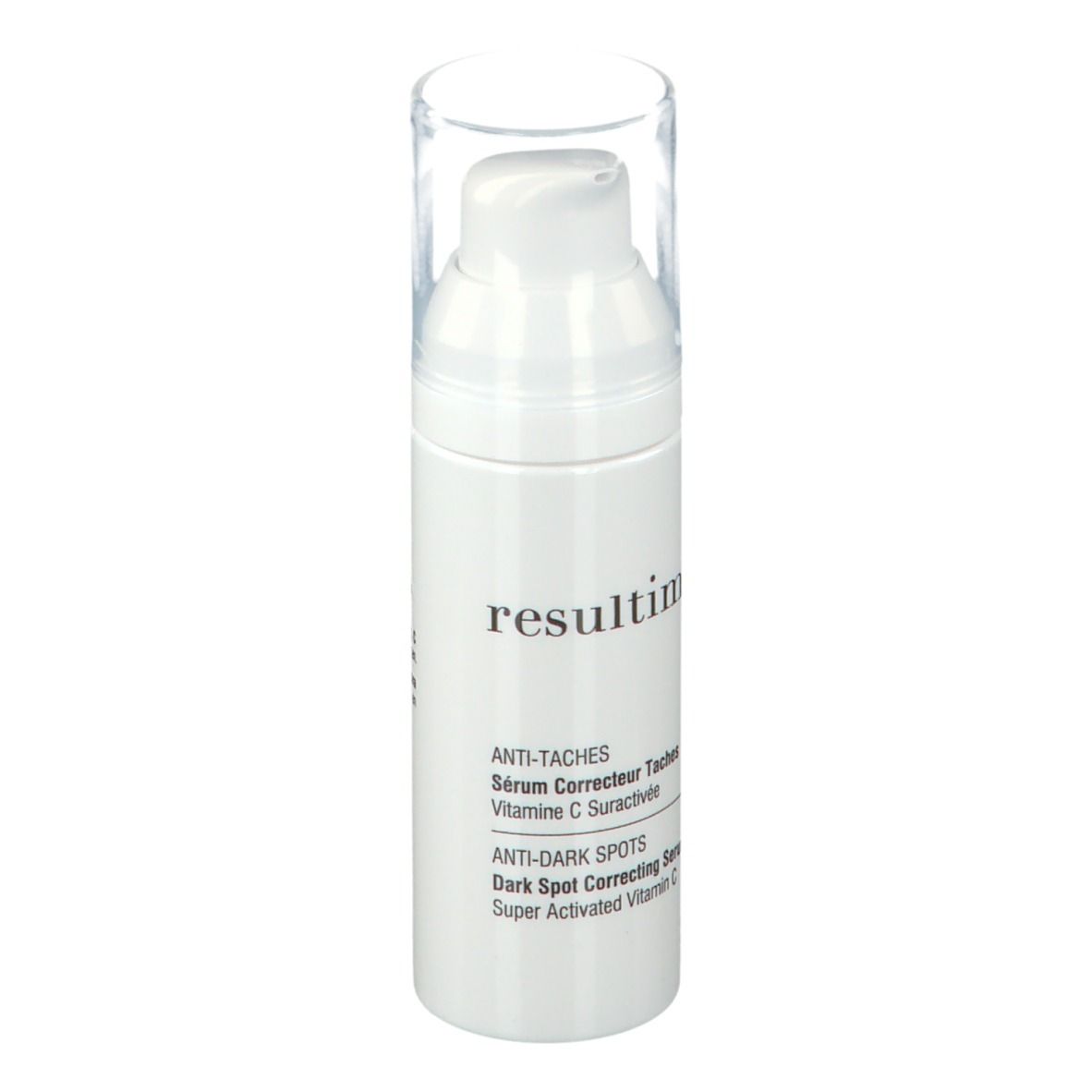 Weißer Serum-Flakon mit Pumpkopf und durchsichtiger Kappe. Beschriftung: Resultime Paris, Anti-Taches, Anti-Dark Spots.
