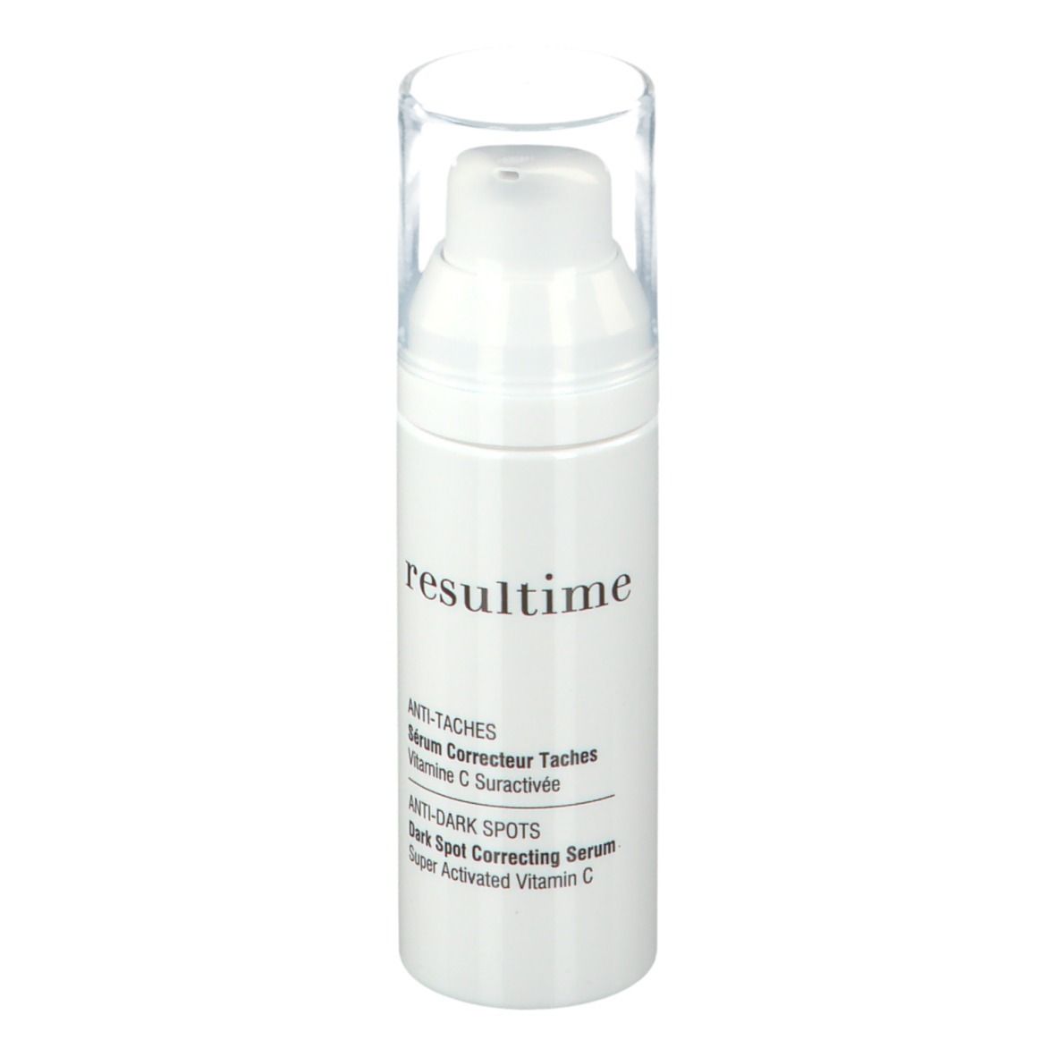 Weißer Serum-Flakon mit Pumpkopf und durchsichtiger Kappe. Beschriftung: Resultime Paris, Anti-Taches, Anti-Dark Spots.