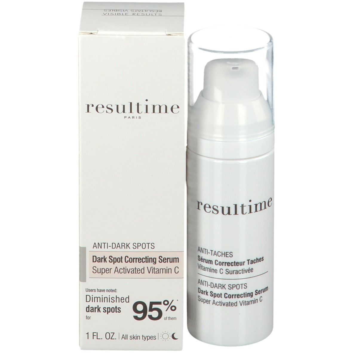 Weißer Serum-Flakon mit Pumpkopf und durchsichtiger Kappe, in Verpackung. Beschriftung: Resultime Paris, Anti-Dark Spots, 1 FL. OZ.