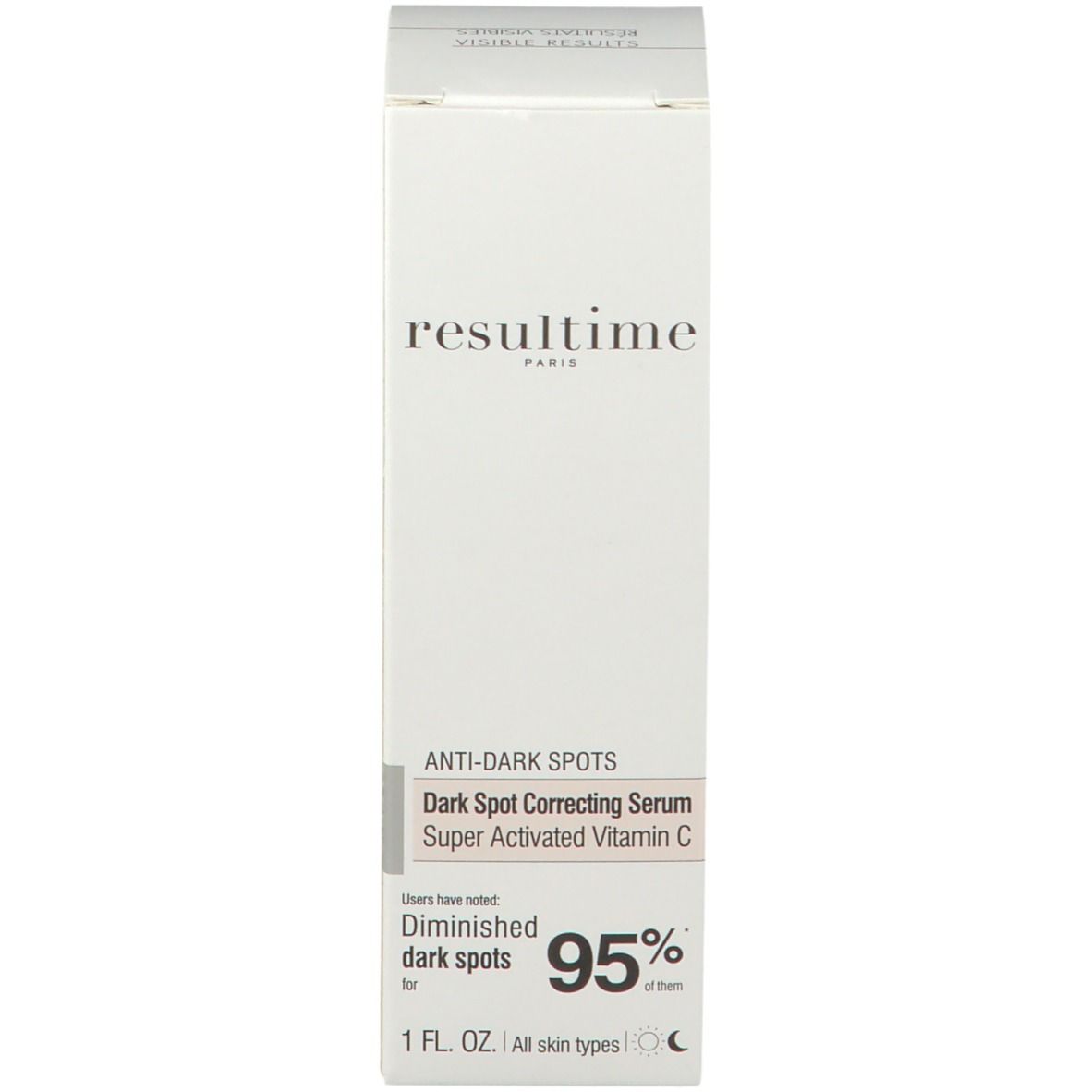 Weiße Produktverpackung mit Beschriftung: Resultime Paris, Anti-Dark Spots, 95% Diminished dark spots.