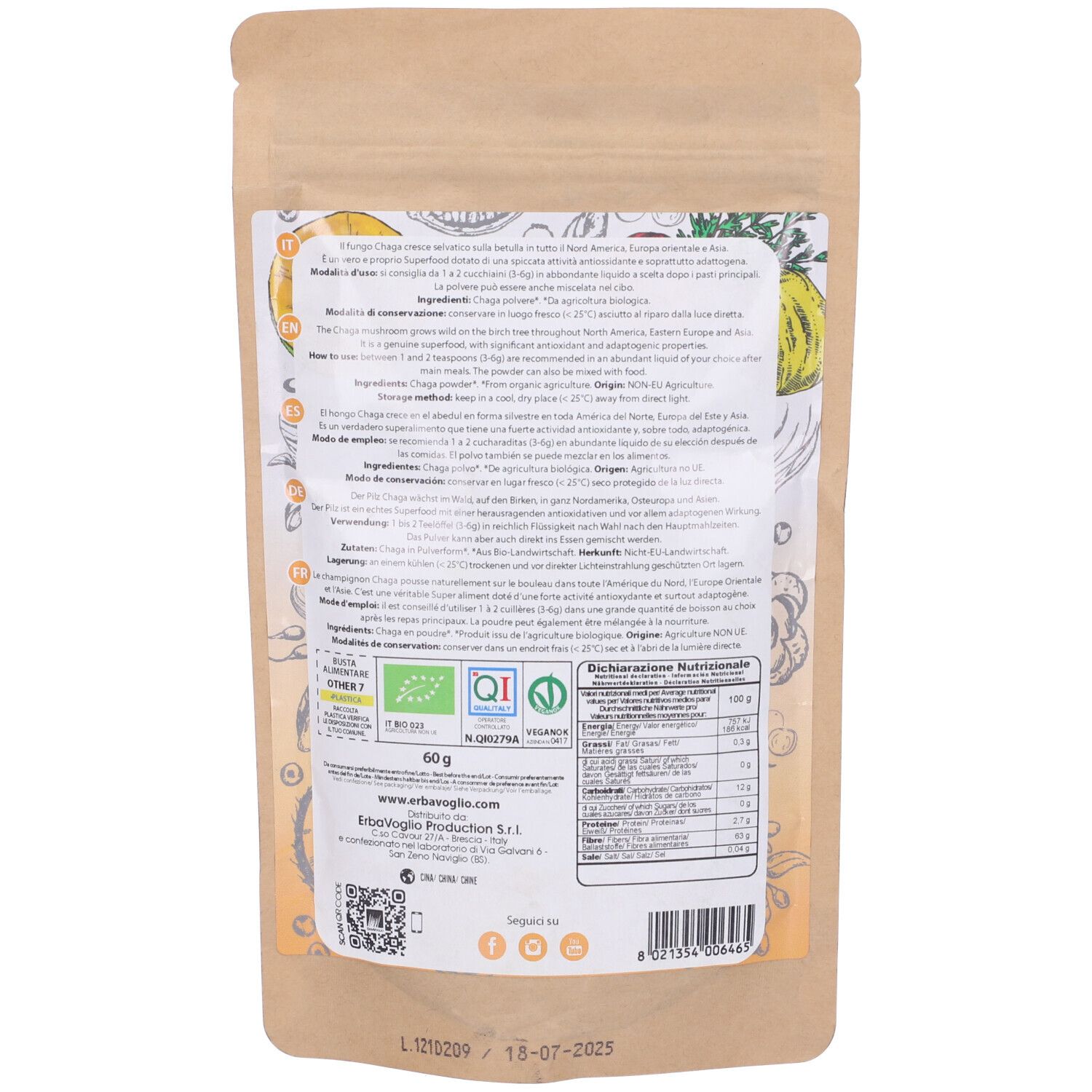 Retro di una busta. Testo e informazioni nutrizionali. Sigillo bio e altre certificazioni.