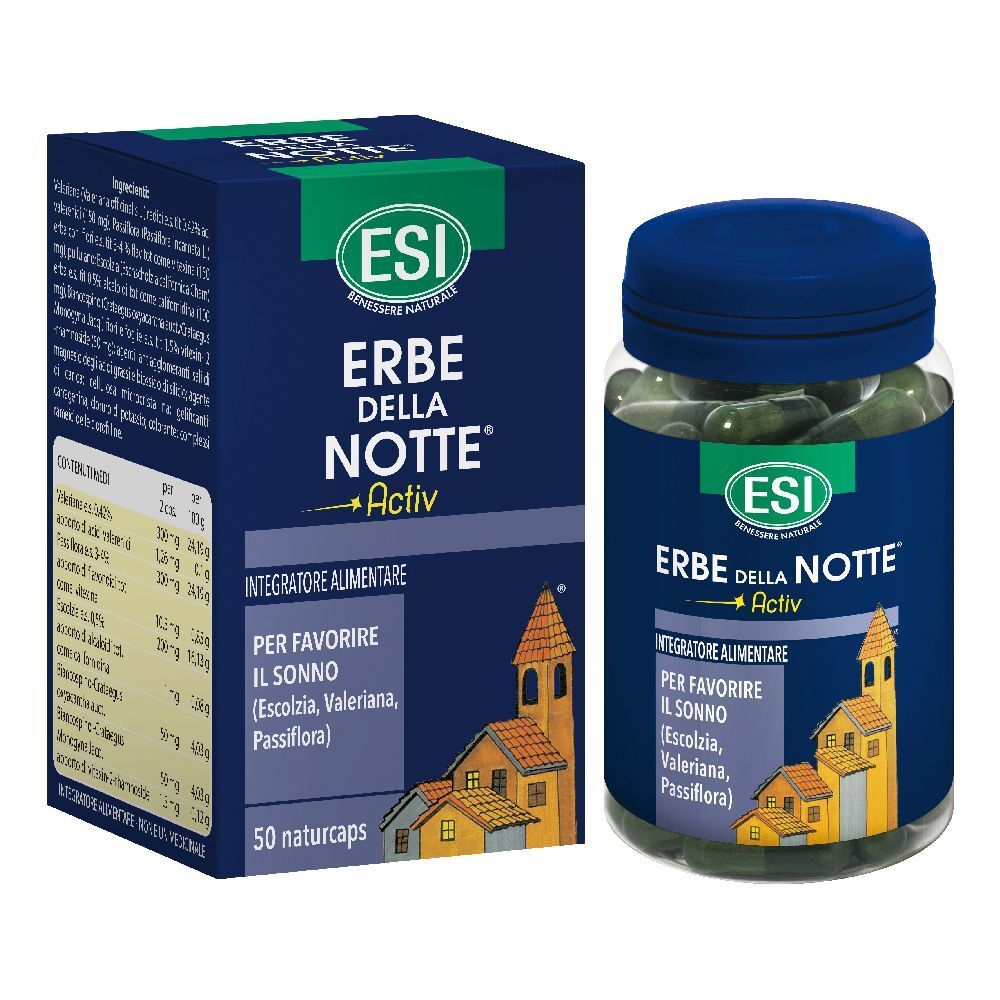 ESI Erbe della Notte® Active. Scatola e flacone blu con capsule. Testo e logo.