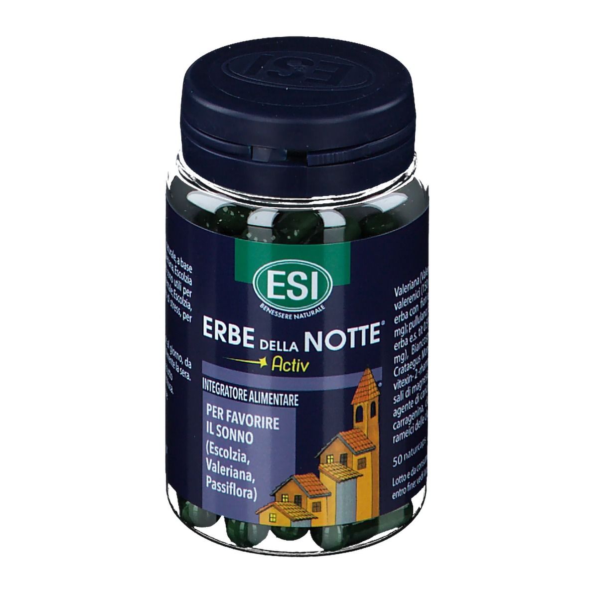 ESI Erbe della Notte® Active. Flacone con capsule verdi. Etichetta blu con testo.