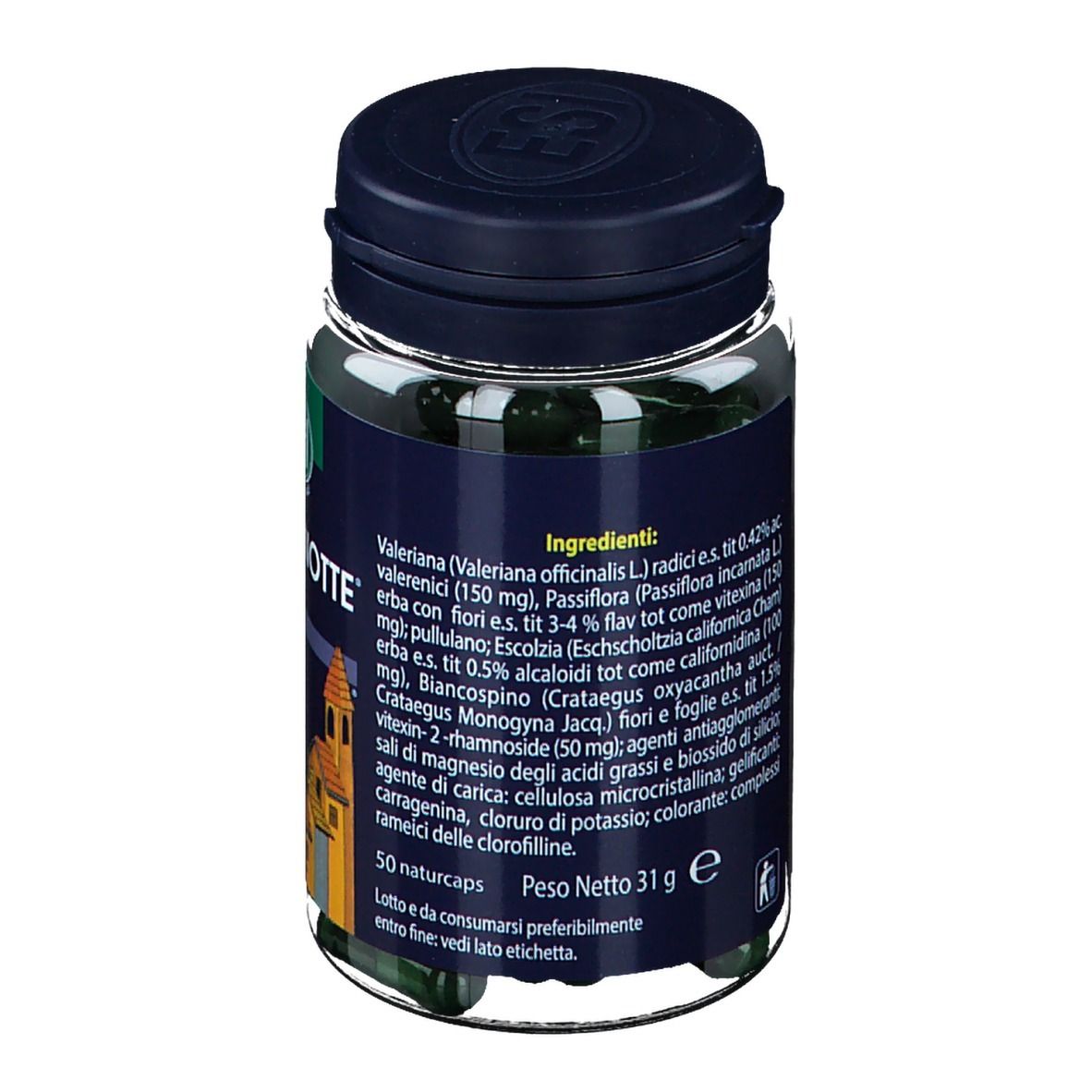 ESI Erbe della Notte® Active. Flacone con capsule verdi. Retro con ingredienti.