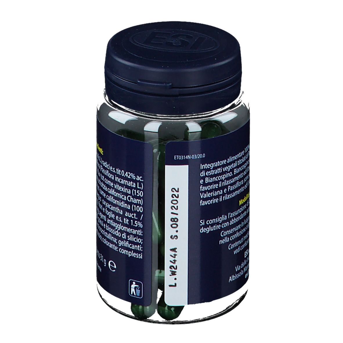 ESI Erbe della Notte® Active. Flacone con capsule verdi. Retro con testo e data.