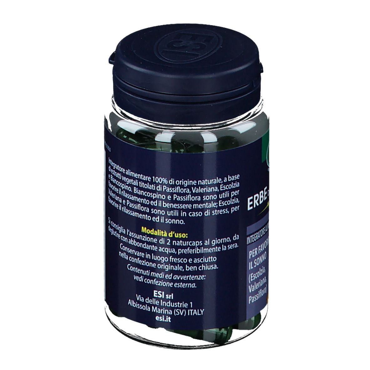 ESI Erbe della Notte® Active. Flacone con capsule verdi. Retro con istruzioni per l'uso.