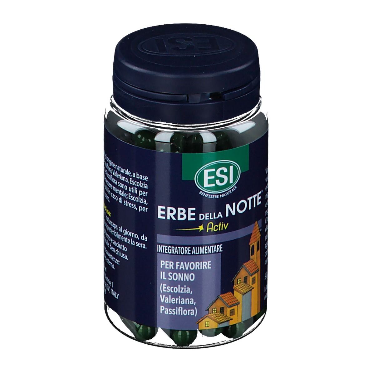 ESI Erbe della Notte® Active. Flacone con capsule verdi. Parte anteriore con testo.